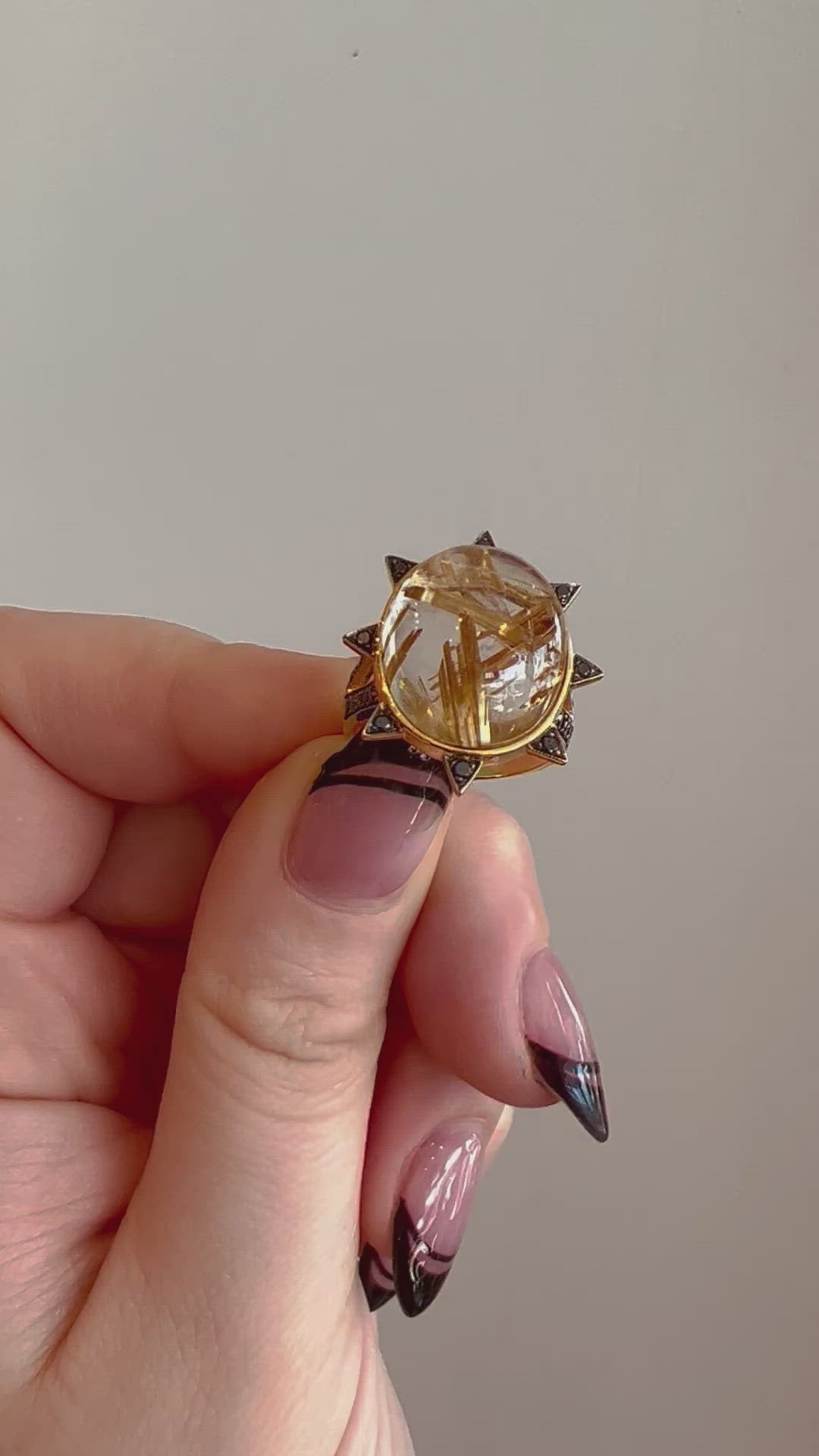 Golden Rutilated Quartz Black Diamond Ring