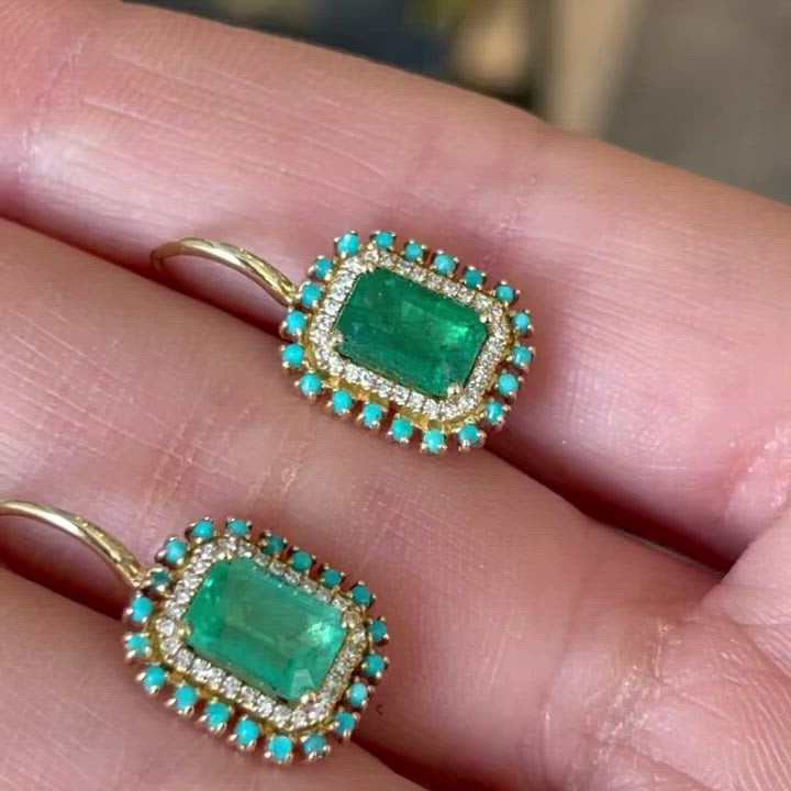 Emerald Diamond Turquoise Halo Drop Earrings