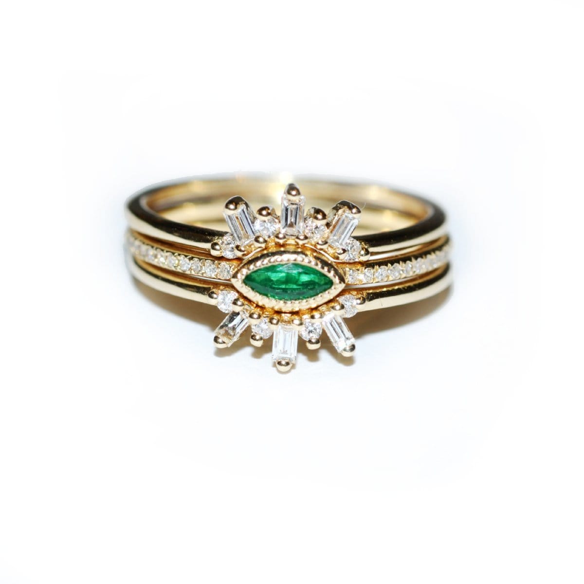 Emerald Marquise and Diamond Baguette Three Ring Set