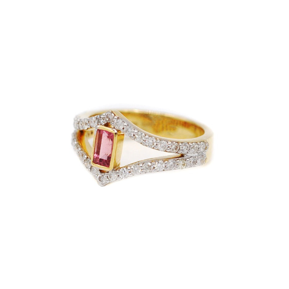 Pave Diamond Double Chevron with Pink Tourmaline Ring