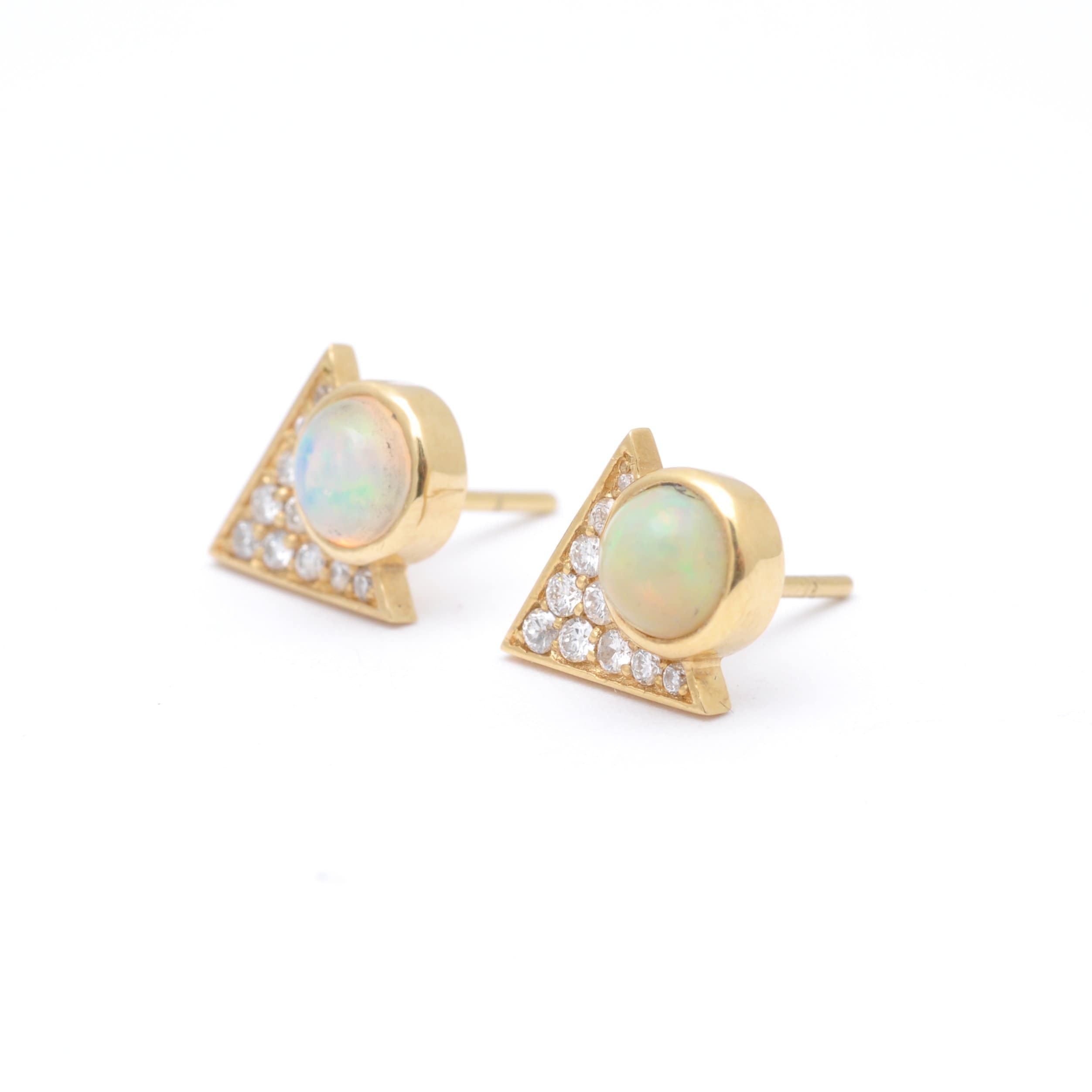 Round Opal Pave Diamond Triangle Earrings