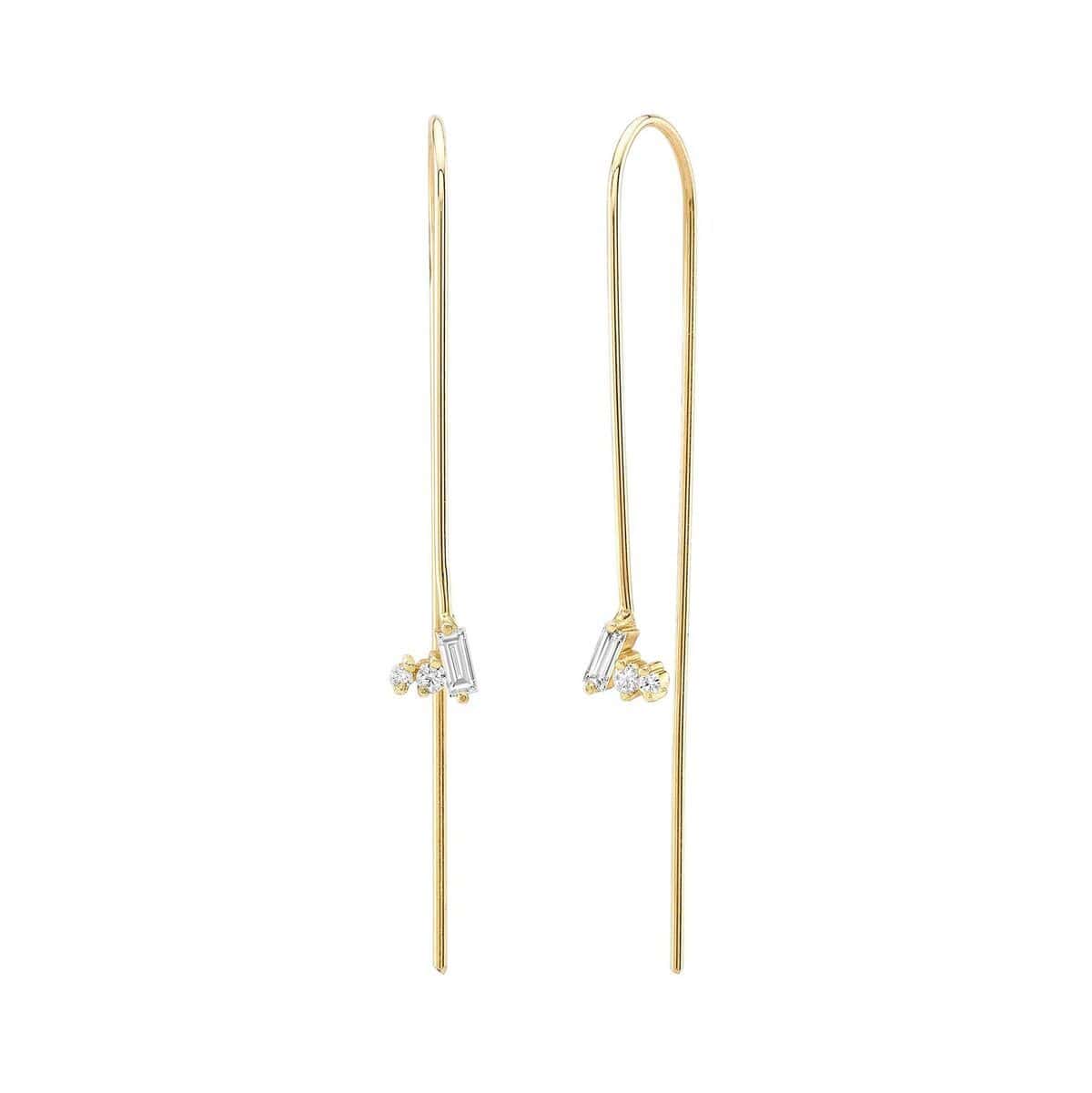 Three Diamond Cluster Gold Wire Threader Earrings
