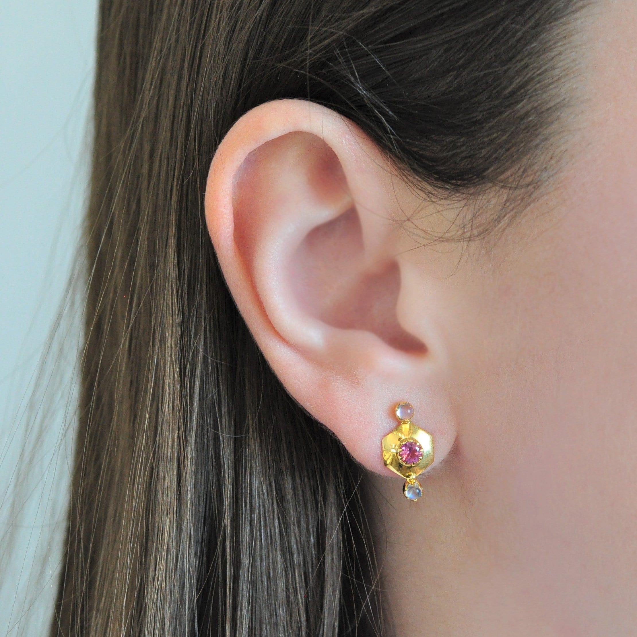 Moonstone Pink Tourmaline Hexagon Earrings