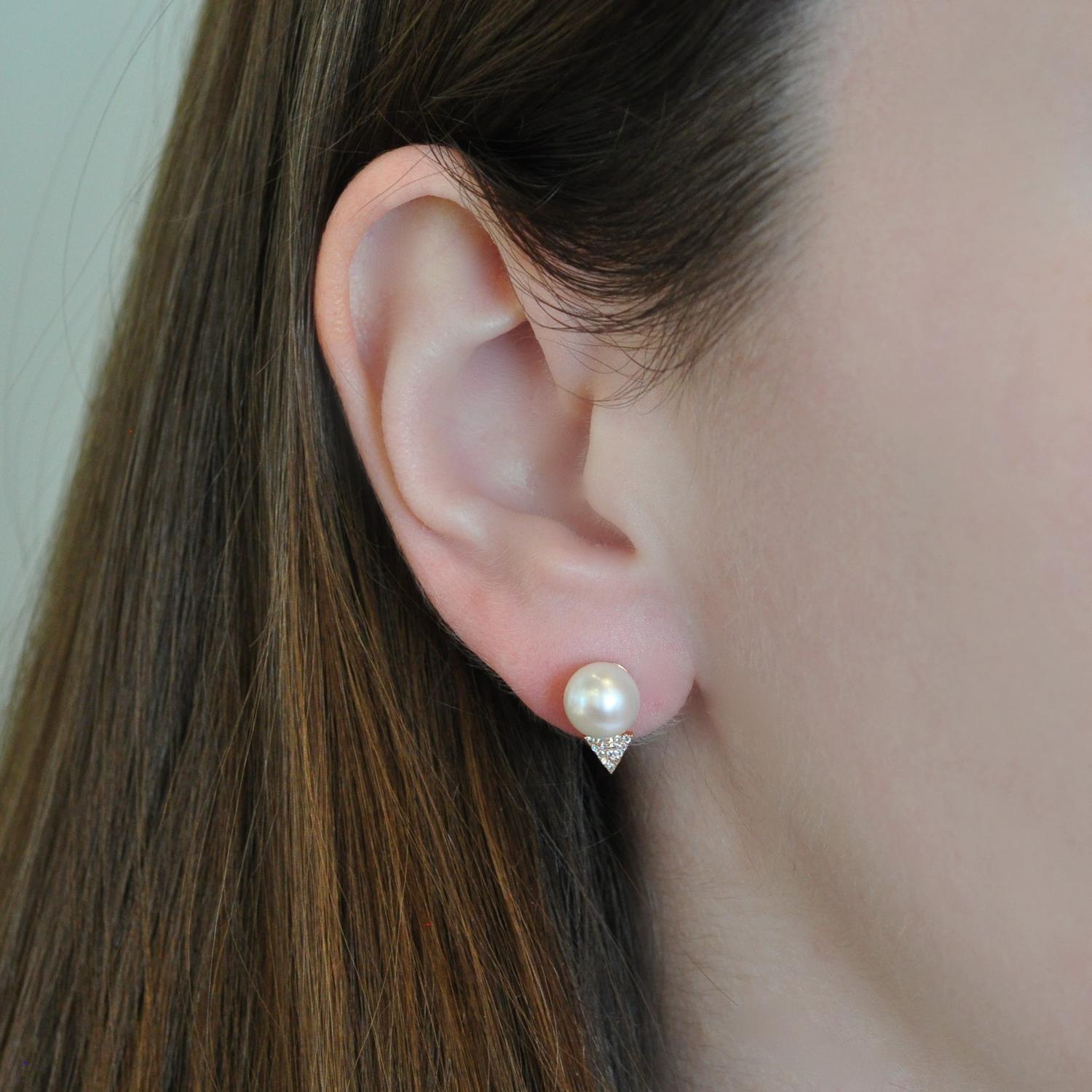 White Pearl Diamond Triangle Stud Earrings