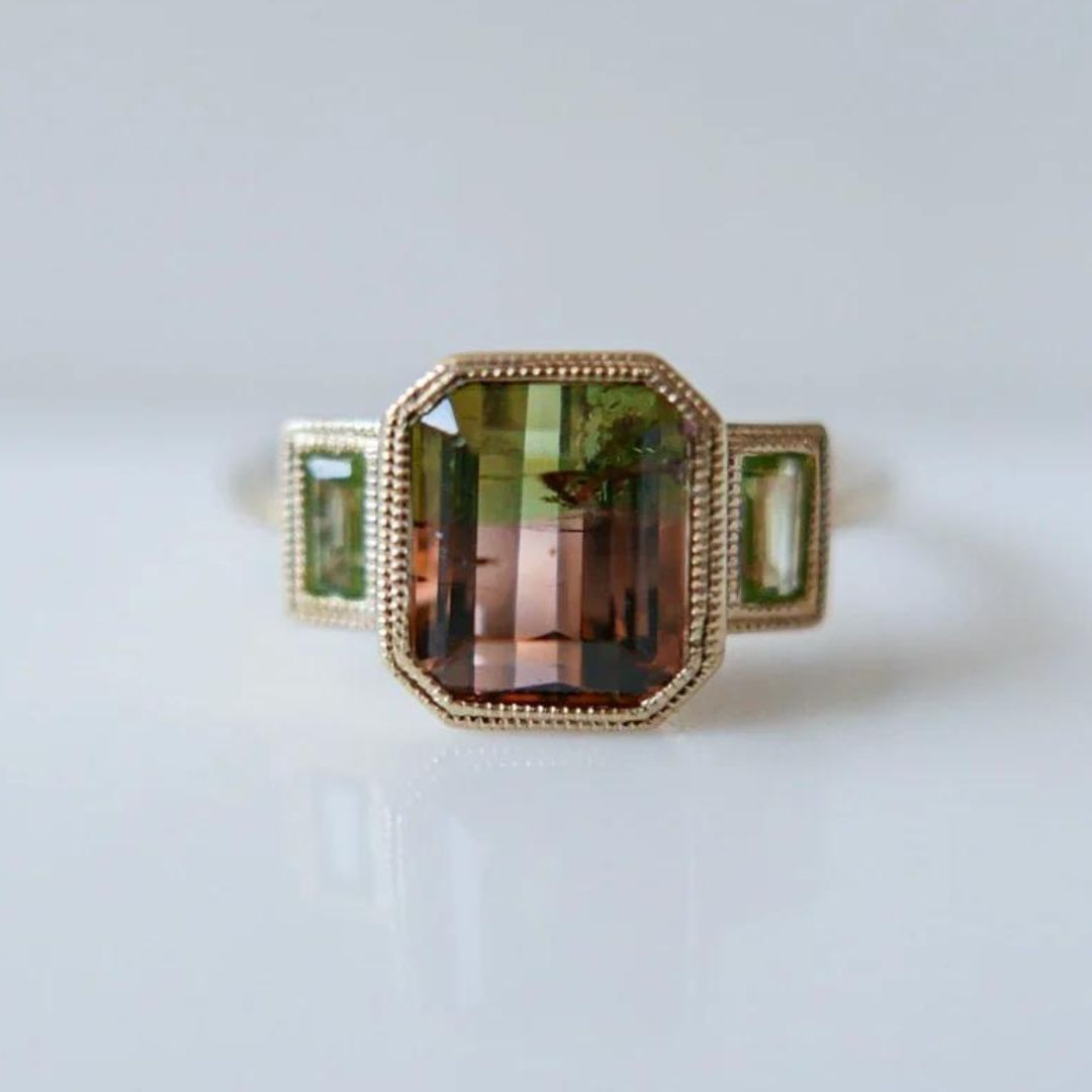14k Gold Charlotte Three Stone Bi-Color Watermelon Tourmaline with Peridot