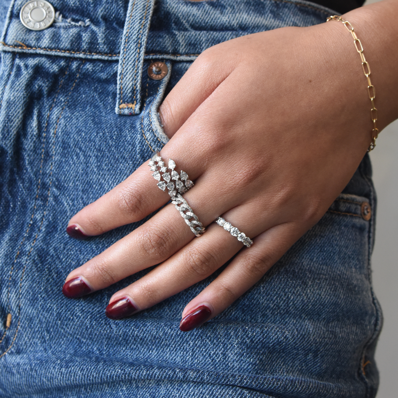 Four Row Pear Lab Diamond Wrap Ring