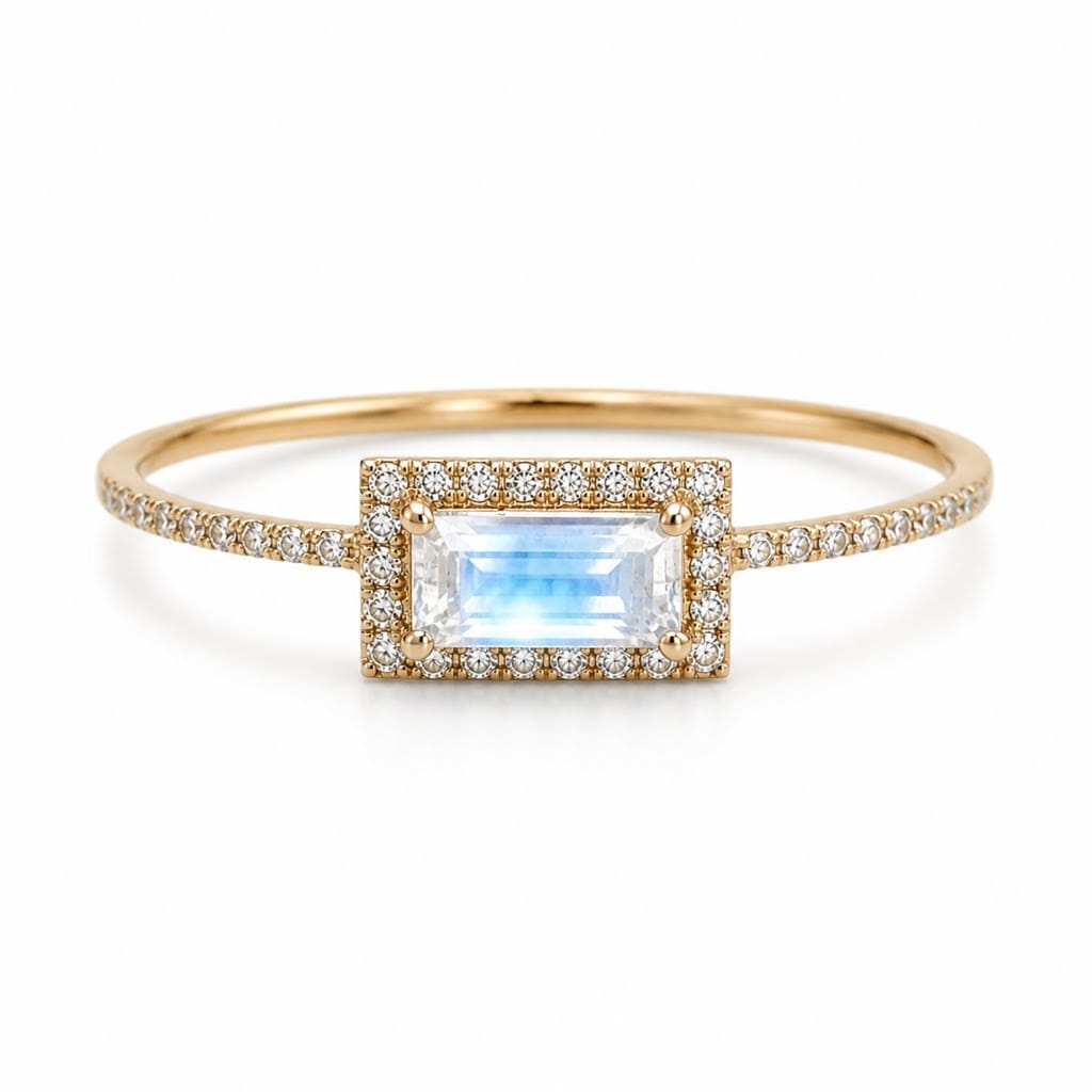 Curated Los Angeles Baguette Moonstone and Diamond Ring
