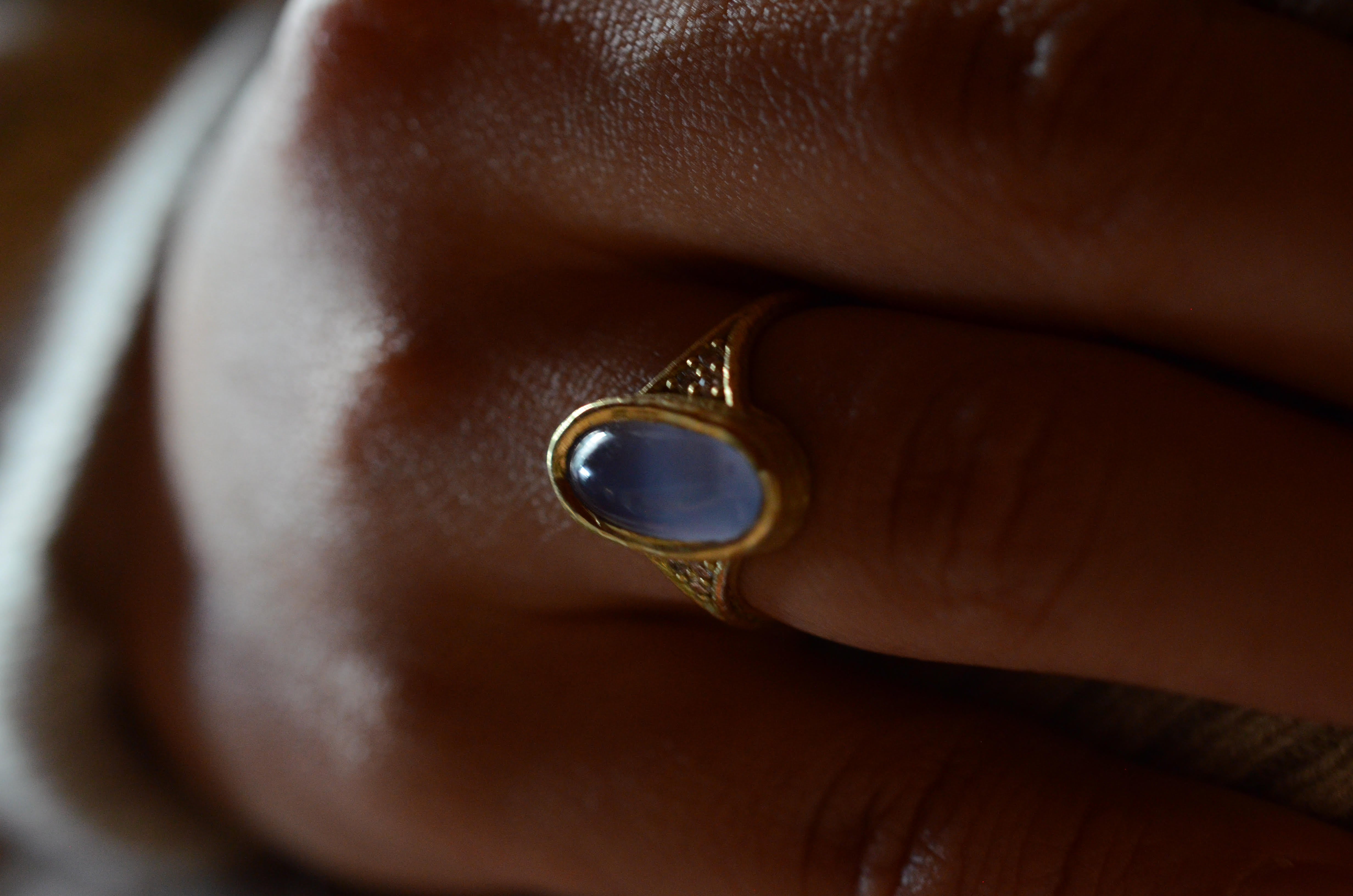 Blue Chalcedony and Diamond Venetian Ring