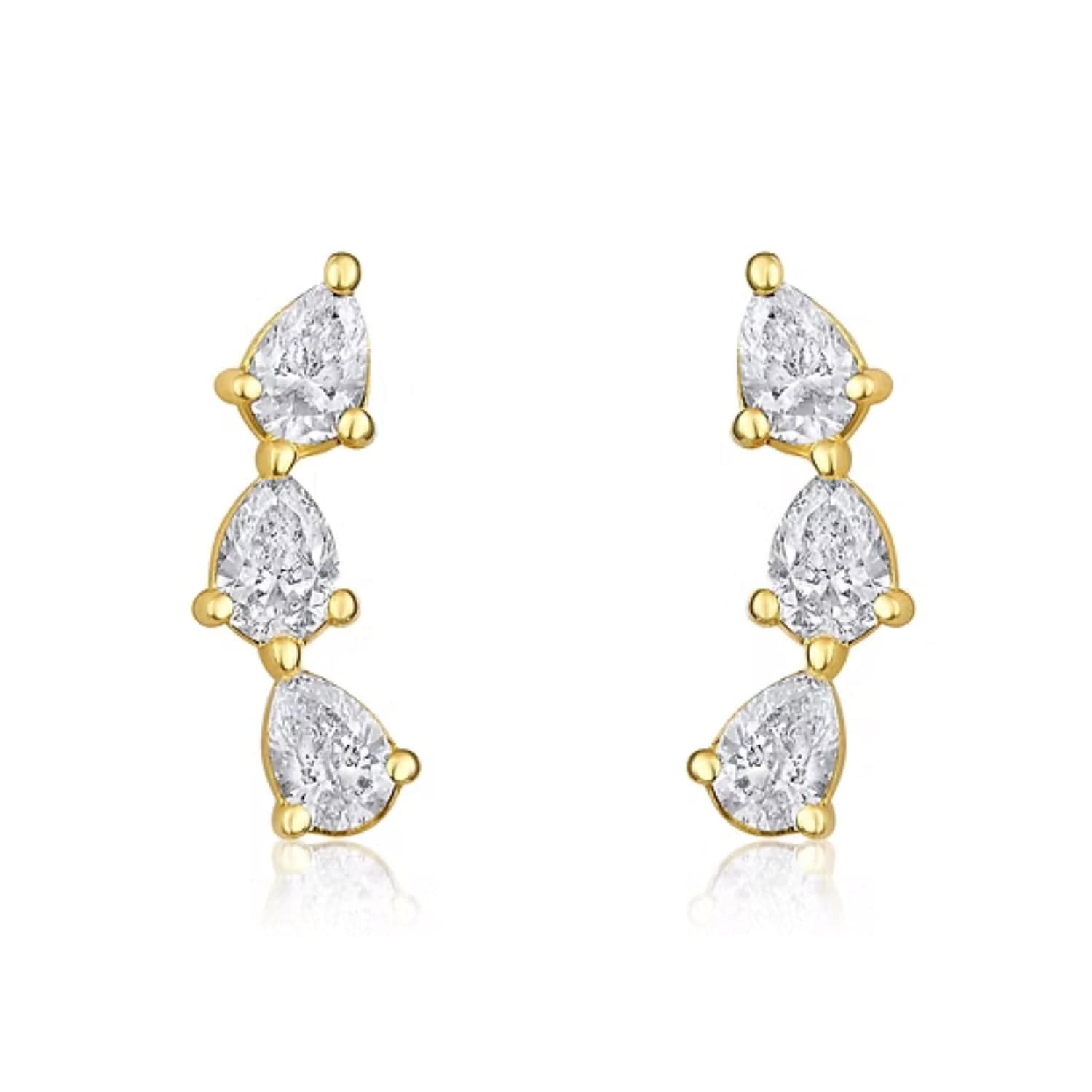 CLA EARRINGS 14K Gold 0.3ct Natural Diamond Pear Tear Drop Trio Climber Earrings