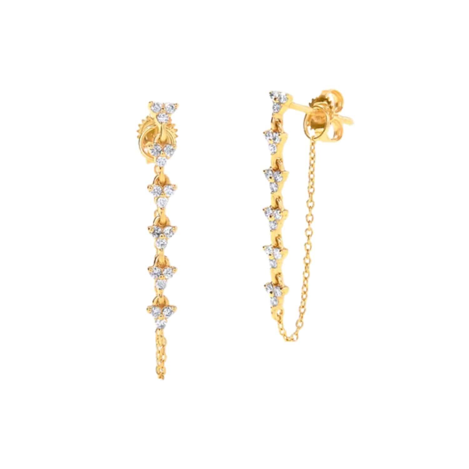 CLA EARRINGS 14K Gold 0.3ct Natural Diamond Trio Chain Loop Drop Stud Earrings