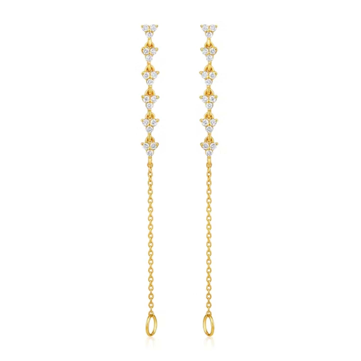 CLA EARRINGS 14K Gold 0.3ct Natural Diamond Trio Chain Loop Drop Stud Earrings