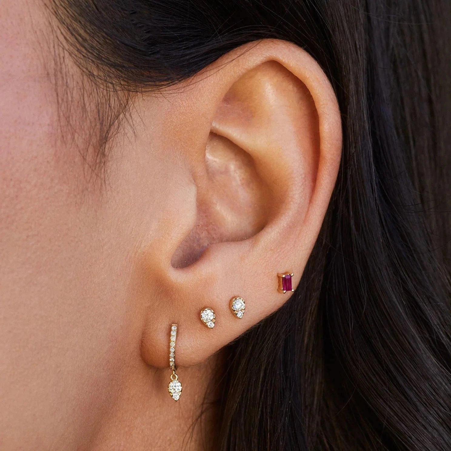 EF COLLECTION EARRINGS Diamond Mini Huggie With Diamond Teardrop Drop Earring