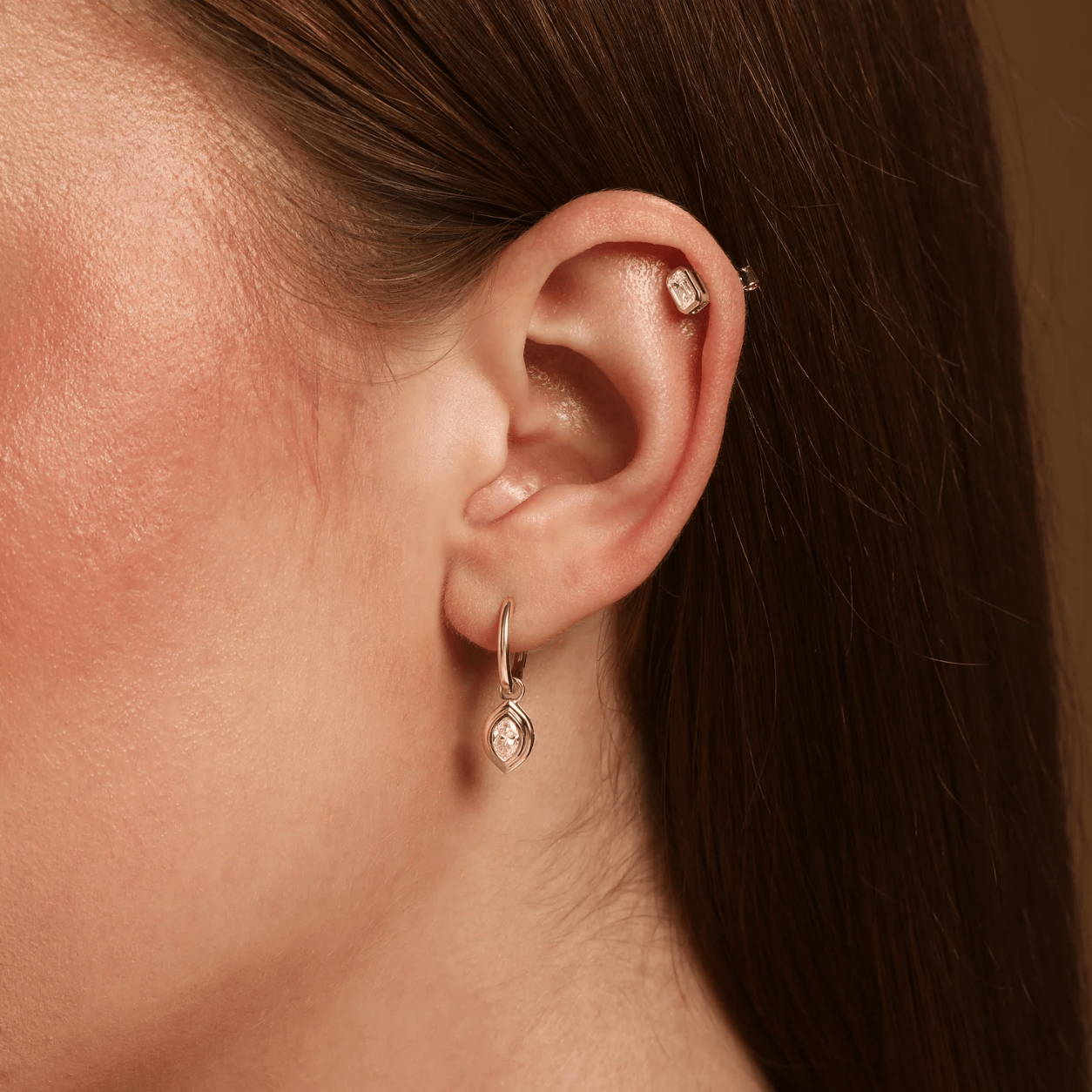 Curated Los Angeles EARRINGS Marquise Diamond Bezel Drop Huggie Earrings