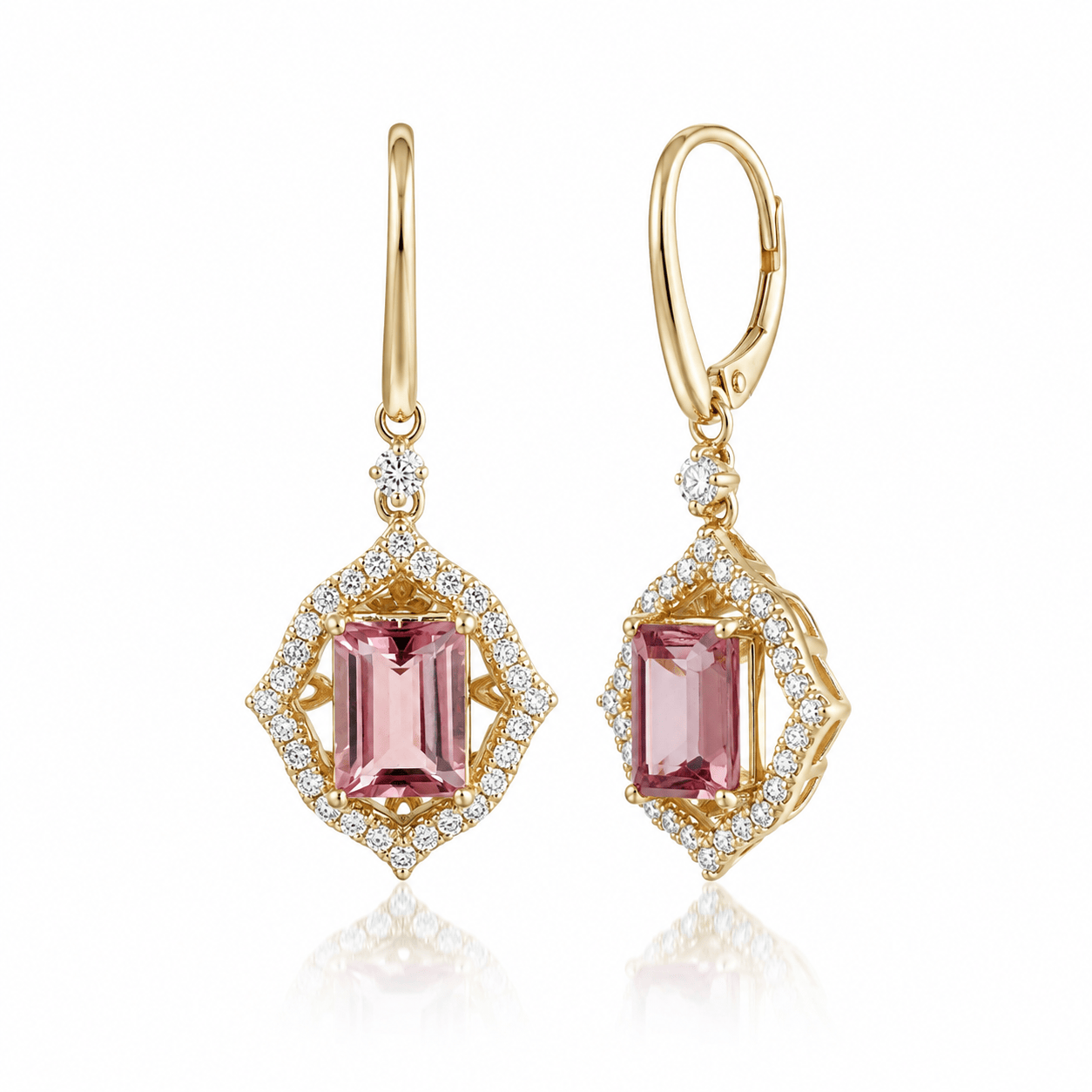 CLA EARRINGS Pink Tourmaline & Diamond Halo Drop Earrings