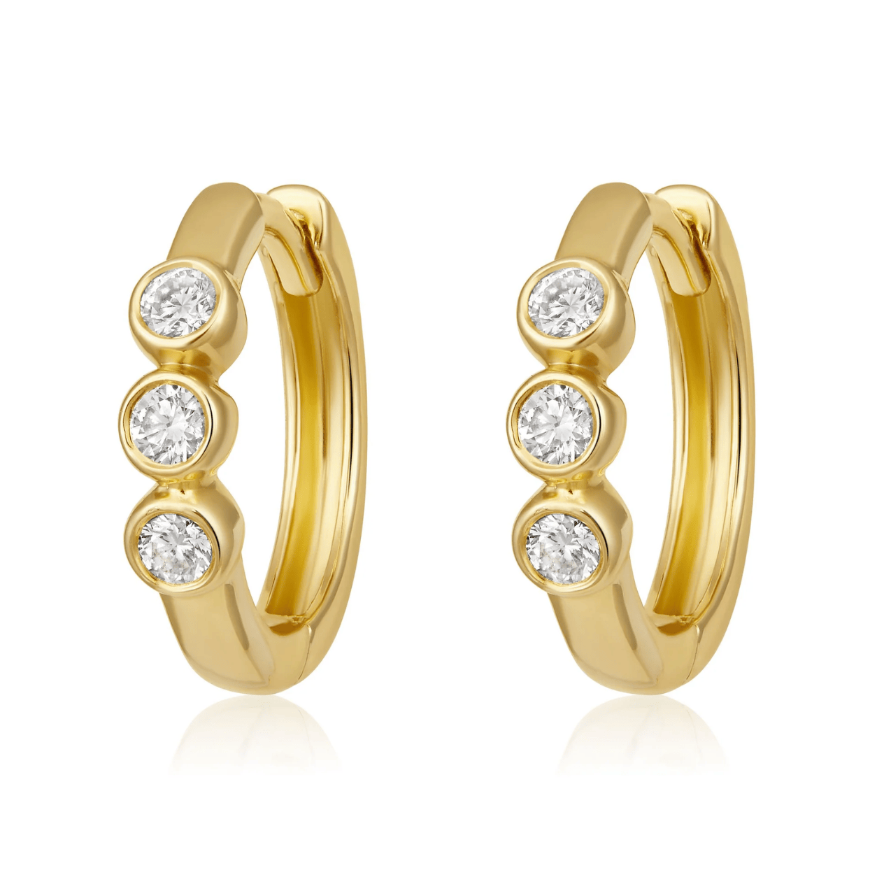 Curated Los Angeles EARRINGS Three Stone Diamond Bezel Huggie Earrings