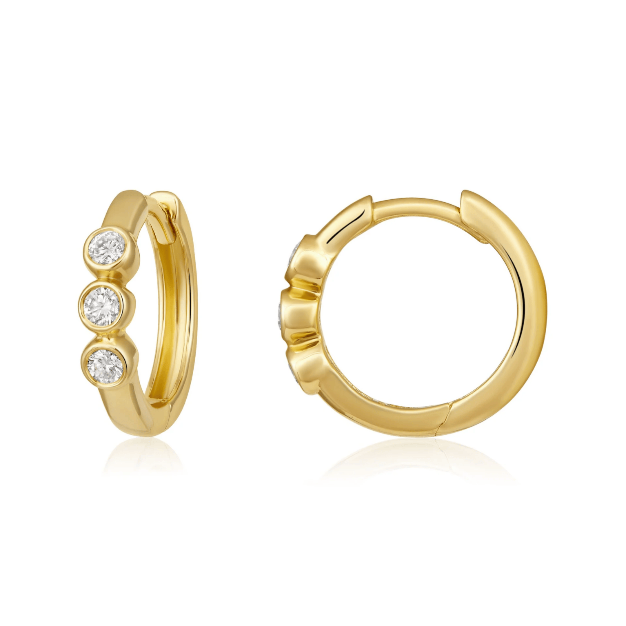 Curated Los Angeles EARRINGS Three Stone Diamond Bezel Huggie Earrings