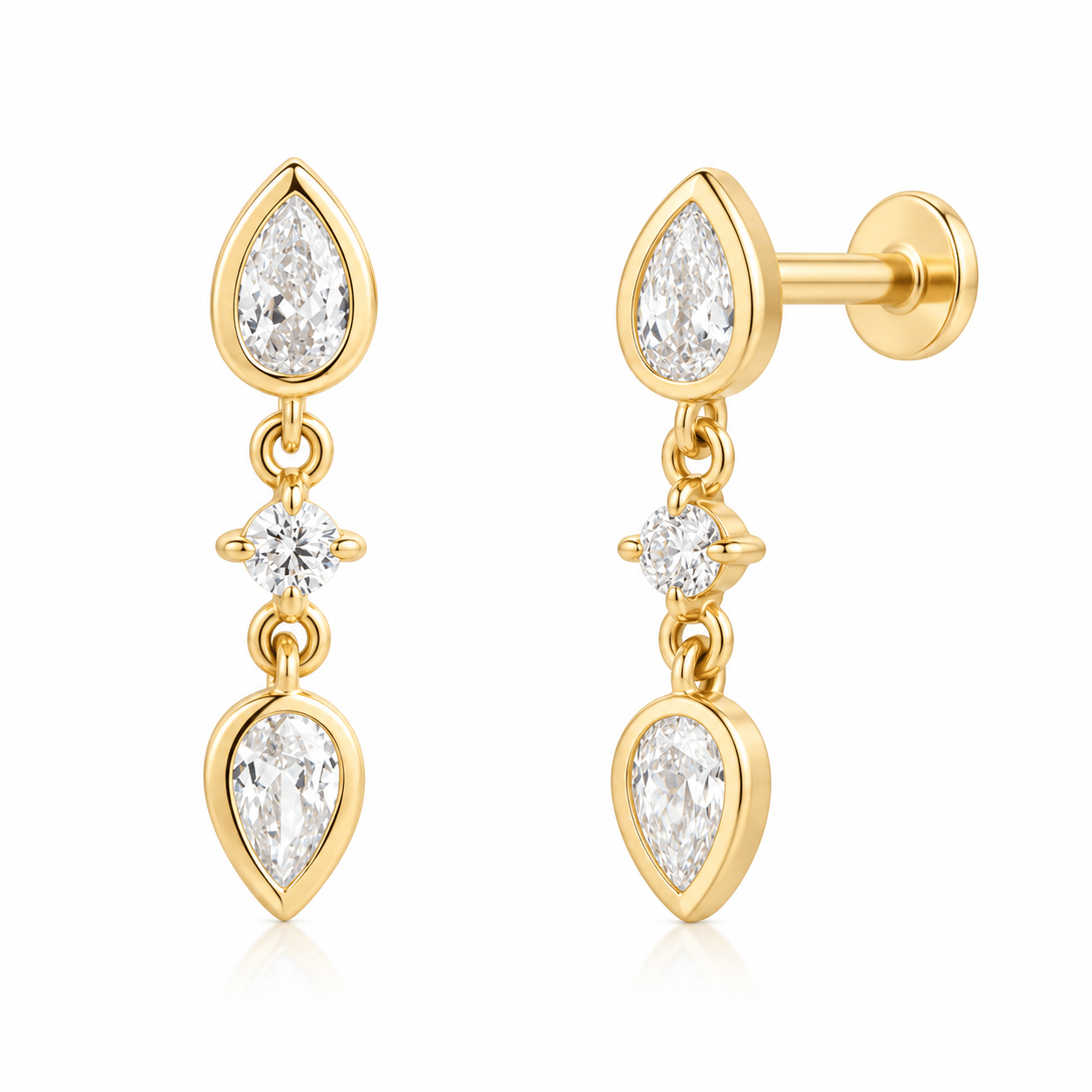 Curated LA Flat Back Stud Earrings Round and Pear Diamond Drop Flat Back Stud Earrings