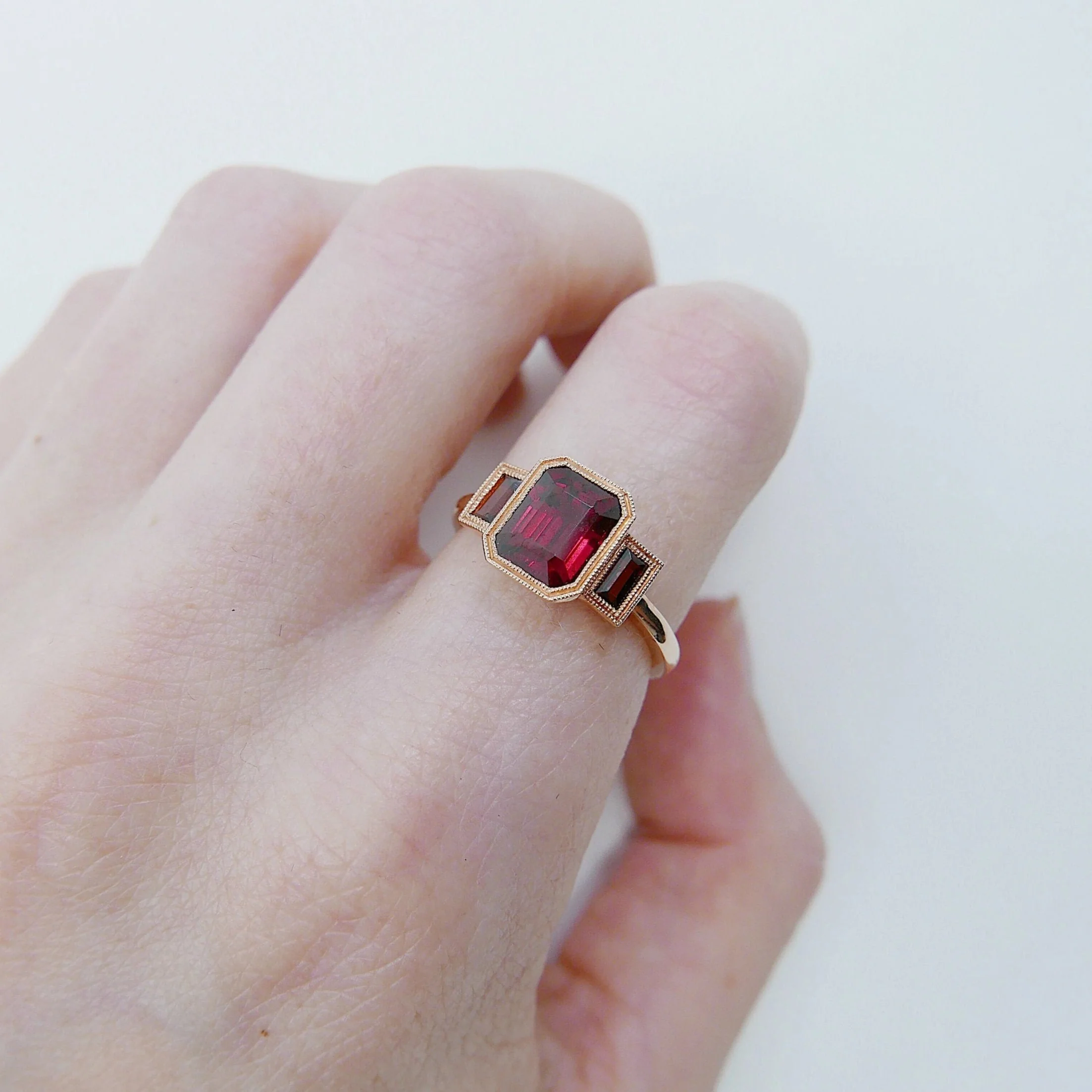 14k Gold Charlotte Three Stone Garnet Ring
