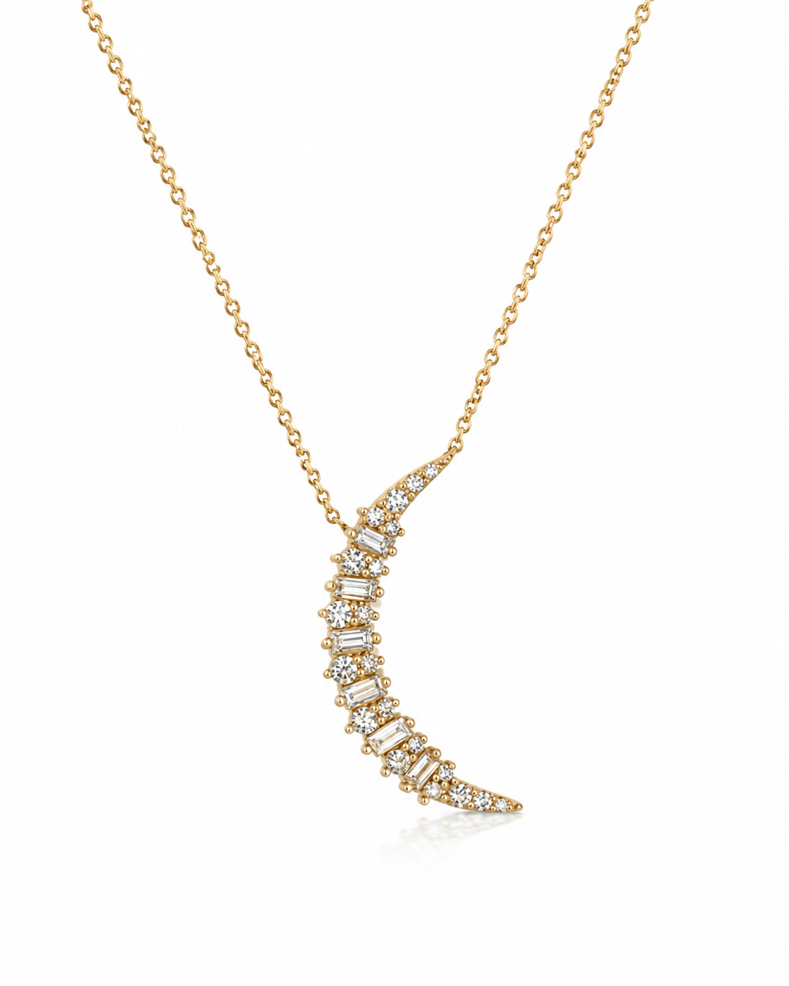 CLA NECKLACES Baguette & Round Diamond Crescent Moon Necklace