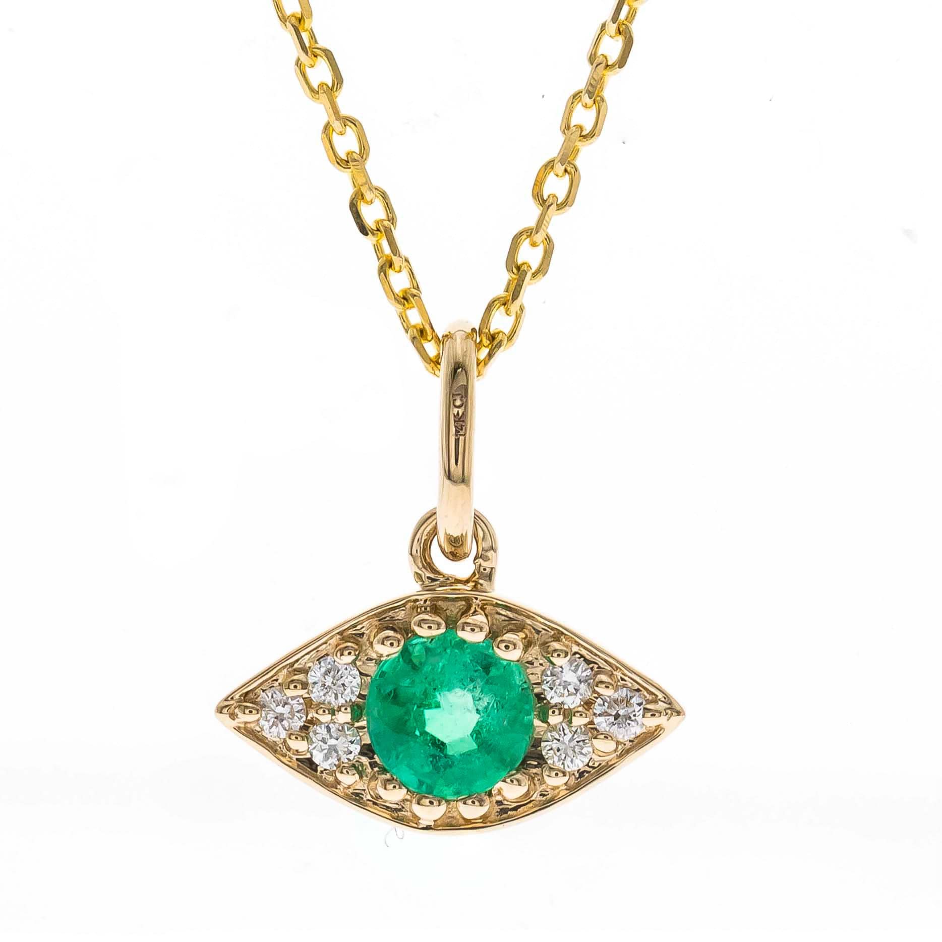 CLA NECKLACES Emerald & Diamond Evil Eye Necklace in 14K Yellow Gold