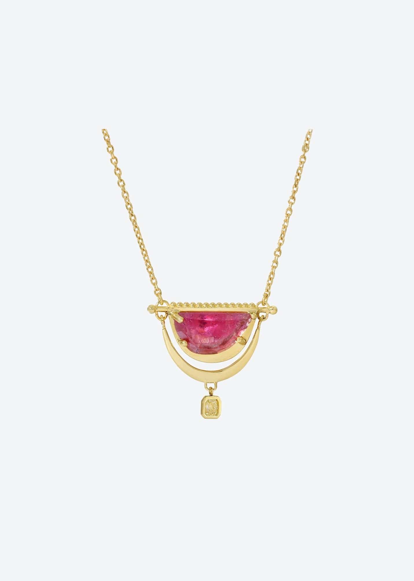christinamagdolna NECKLACES Moon Crescent Pendant Necklace in Pink Tourmaline & Yellow Diamond