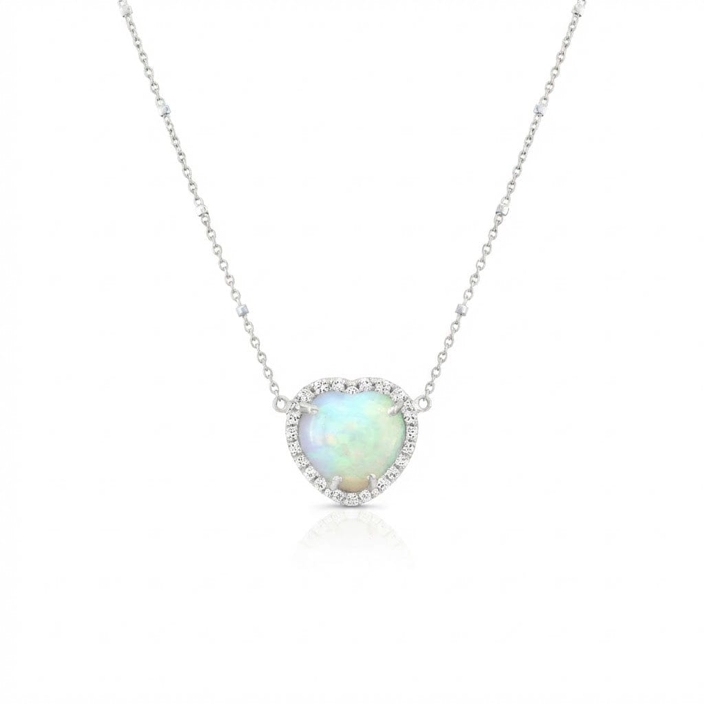 Carter Eve Jewelry NECKLACES 14K White Gold Opal Heart with Diamond Halo Necklace