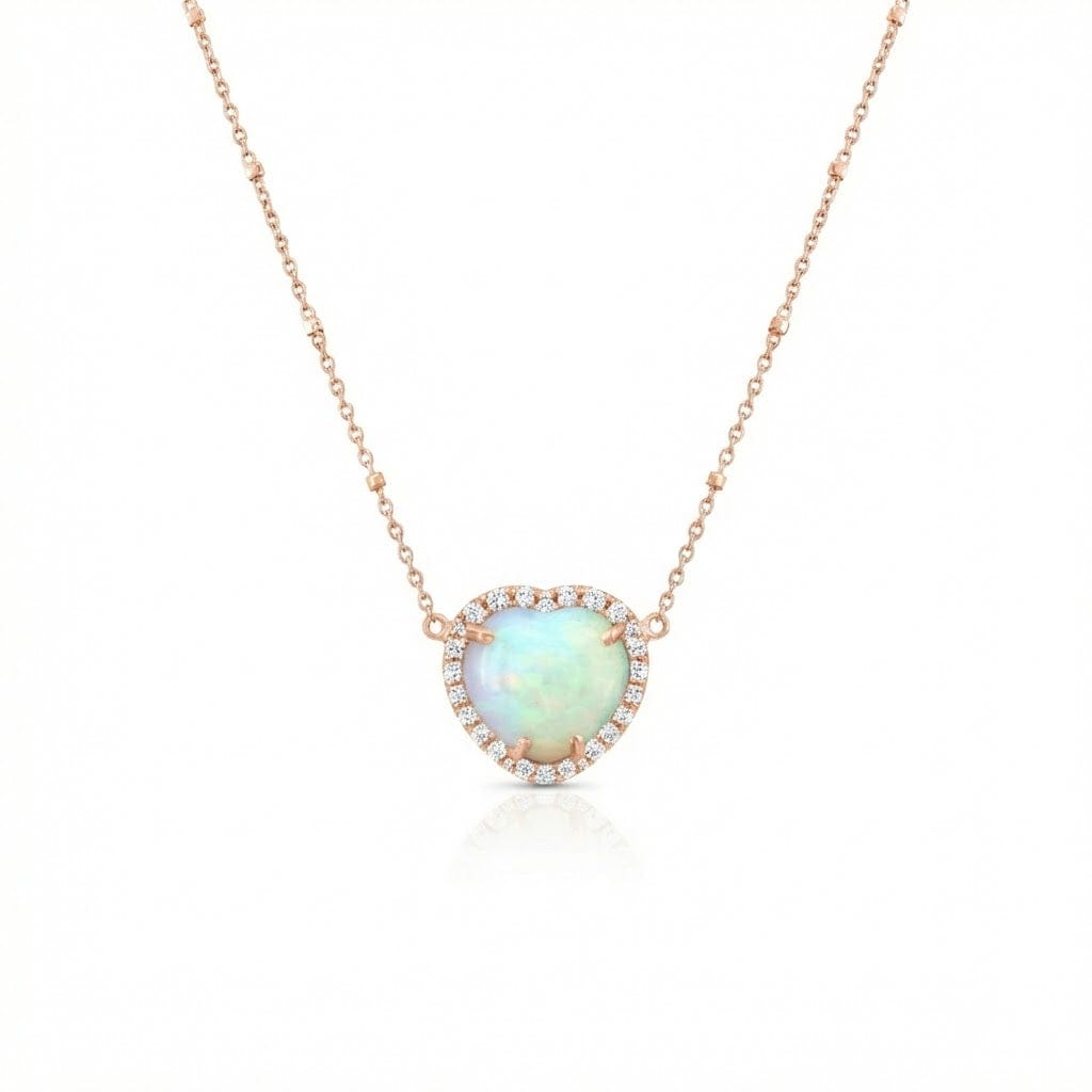 Carter Eve Jewelry NECKLACES 14K Rose Gold Opal Heart with Diamond Halo Necklace