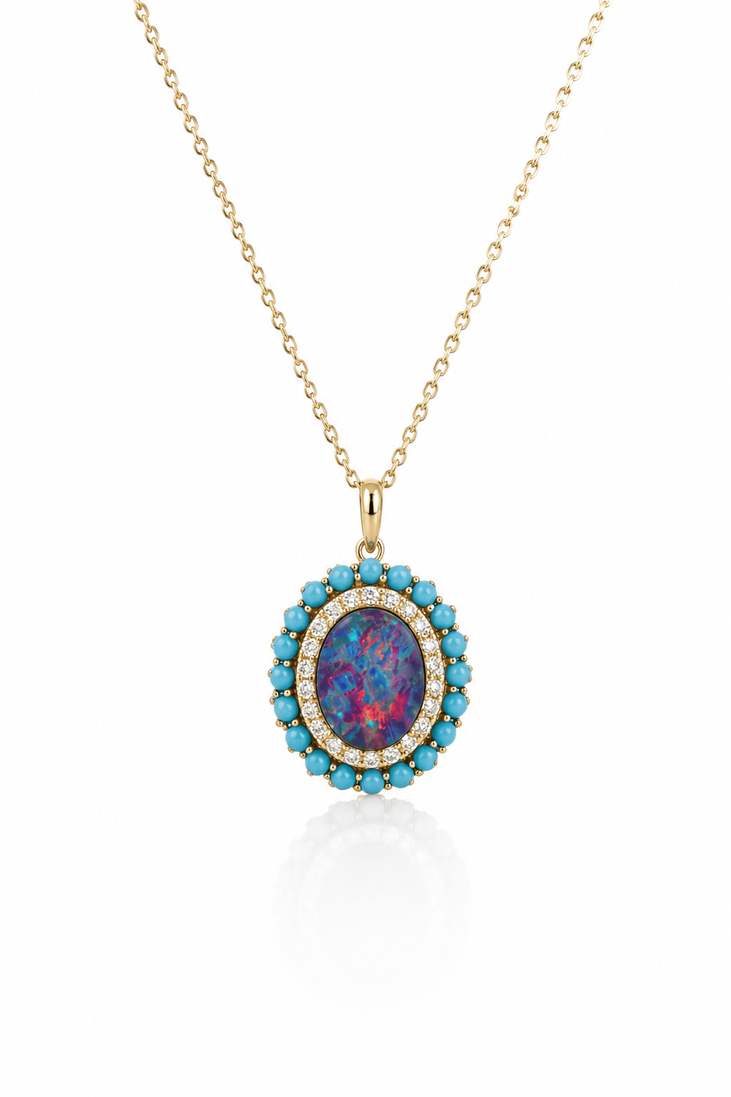 CLA Opal Doublet, Diamond & Turquoise Halo Necklace