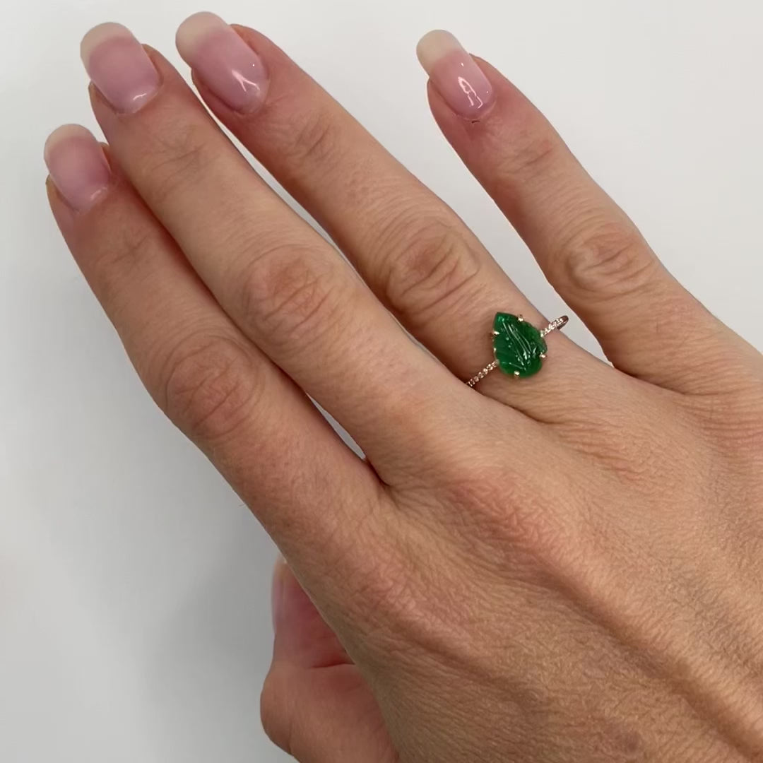 Carved Emerald Leaf Diamond Pave Ring