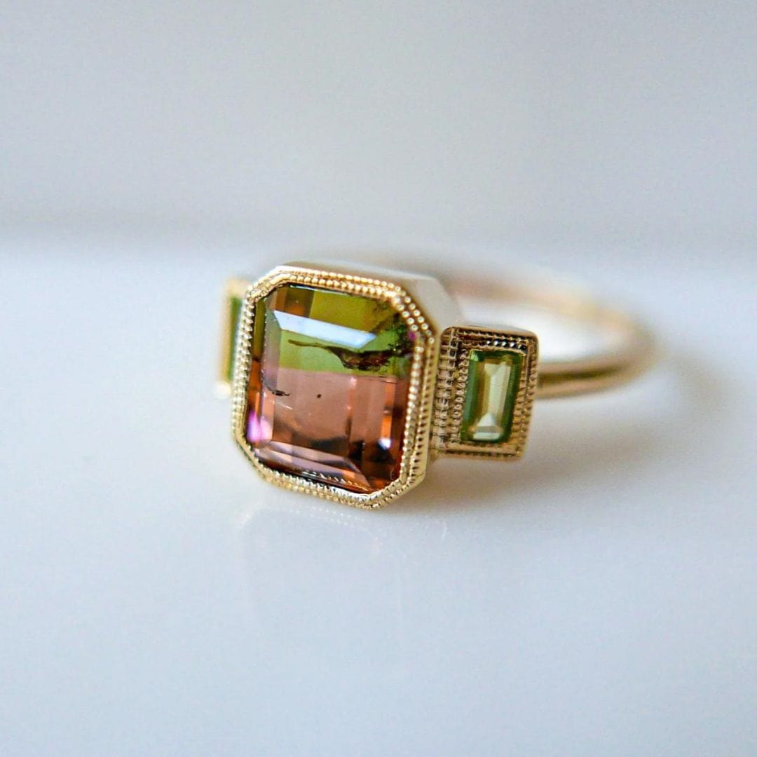 Mason Grace RINGS 14k Gold Charlotte Three Stone Bi-Color Watermelon Tourmaline with Peridot