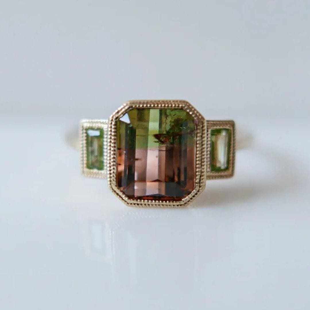 Mason Grace RINGS 14k Gold Charlotte Three Stone Bi-Color Watermelon Tourmaline with Peridot