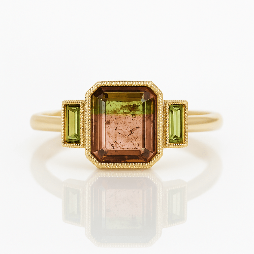 Mason Grace RINGS 14k Gold Charlotte Three Stone Bi-Color Watermelon Tourmaline with Peridot