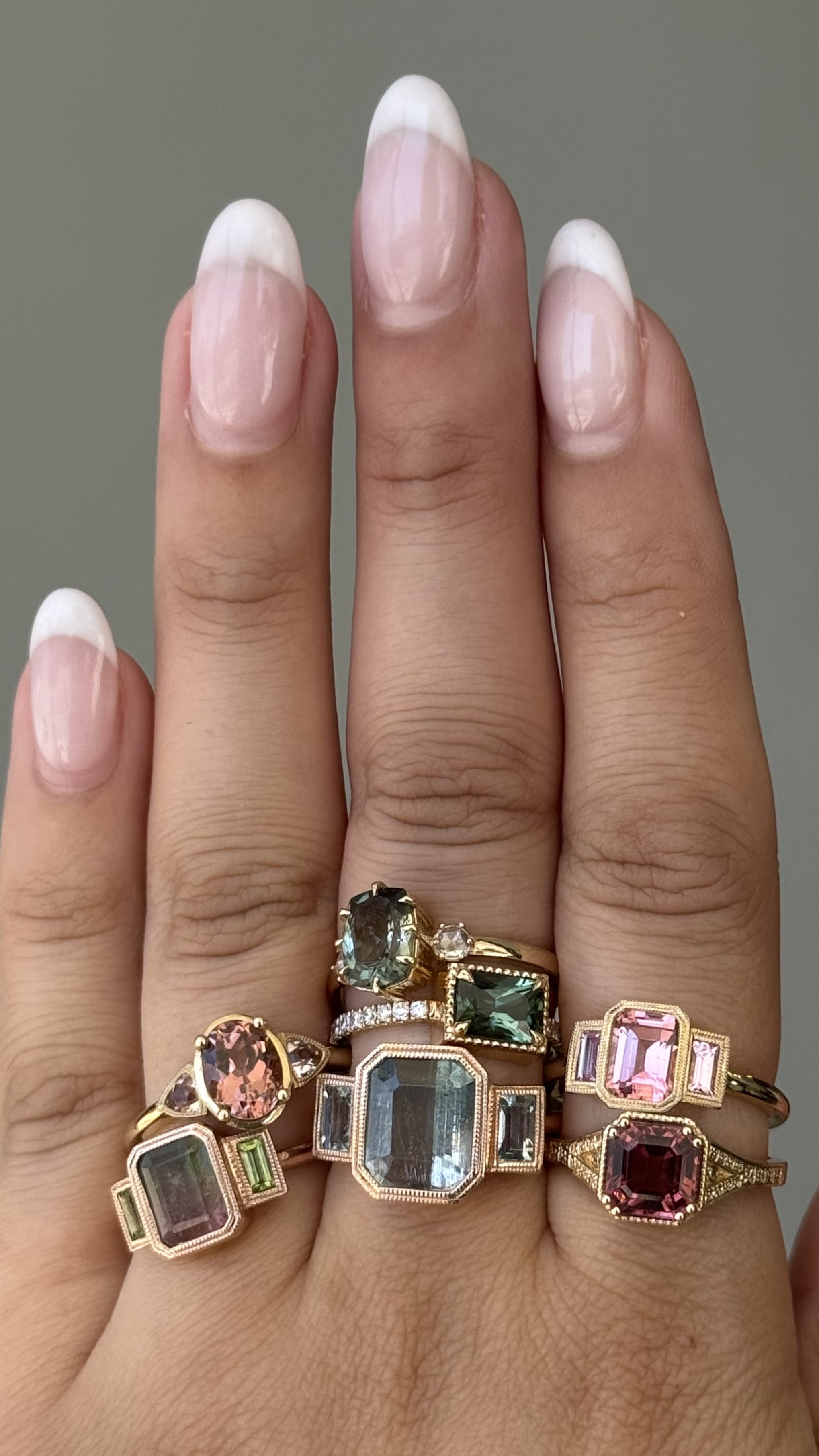 Mason Grace RINGS 14k Rose Gold Charlotte Three Stone Sea Foam Bi-Color Tourmaline with Aquamarine