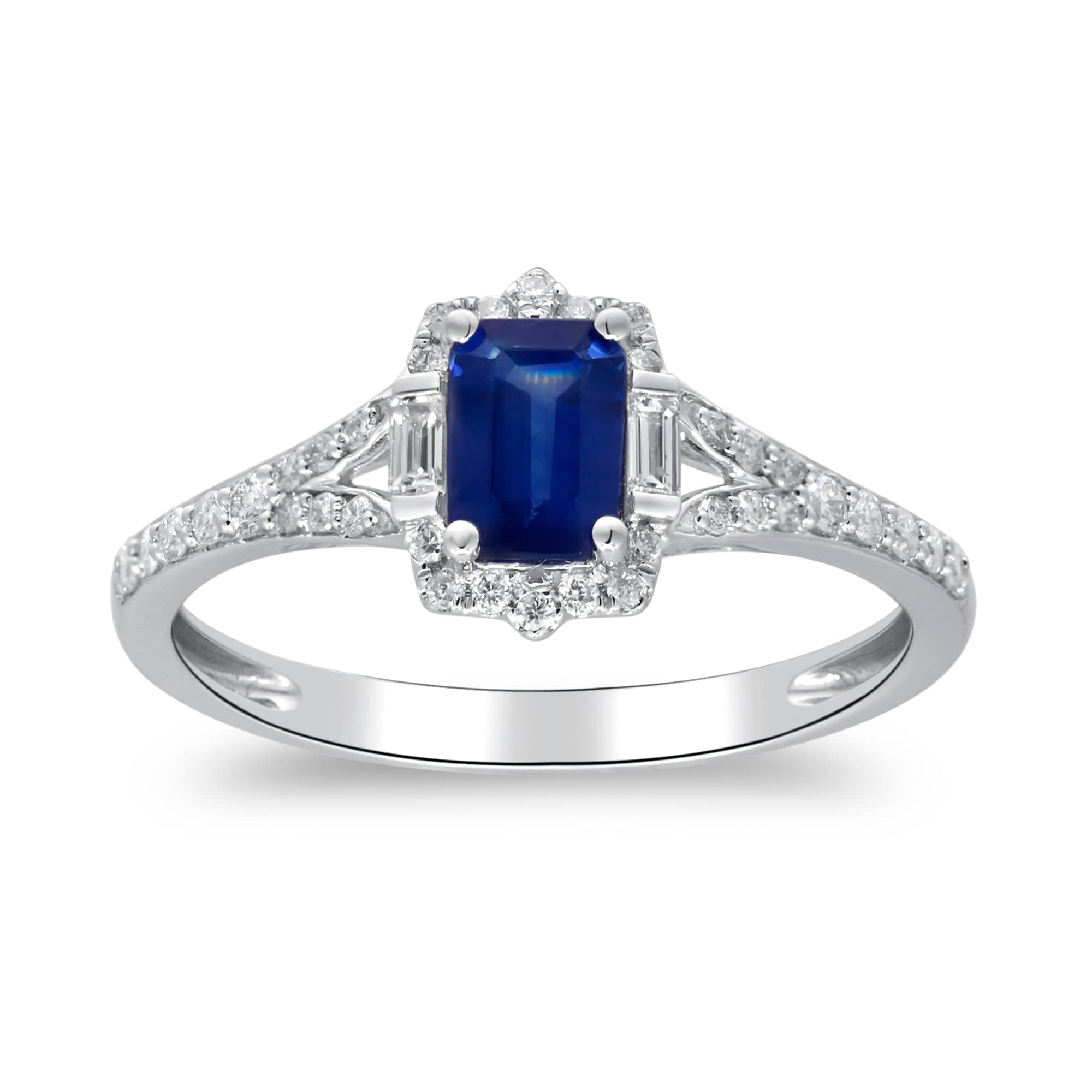 CLA RINGS Emerald-Cut Sapphire & Diamond Halo Ring in 14K White Gold