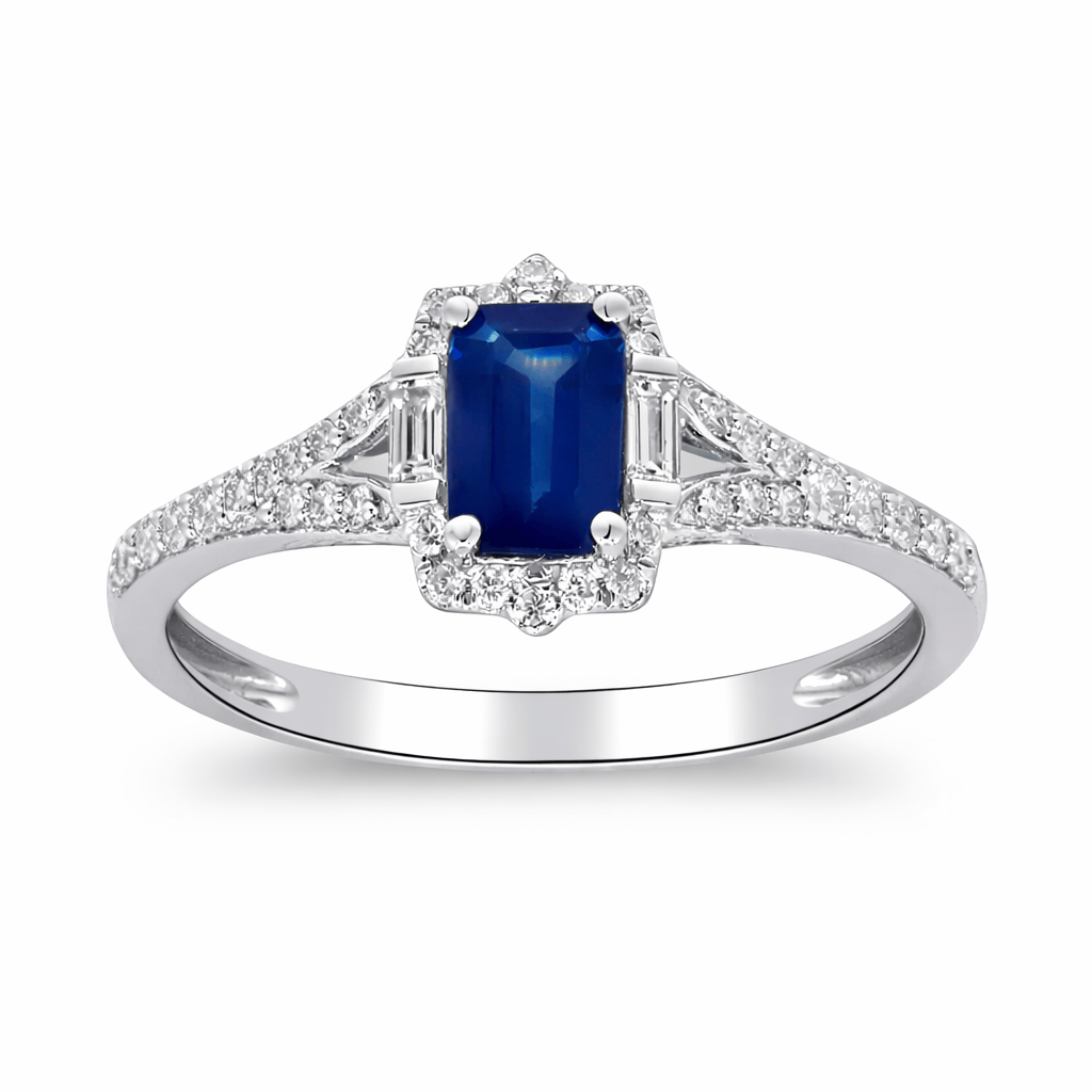 CLA RINGS Emerald-Cut Sapphire & Diamond Halo Ring in 14K White Gold