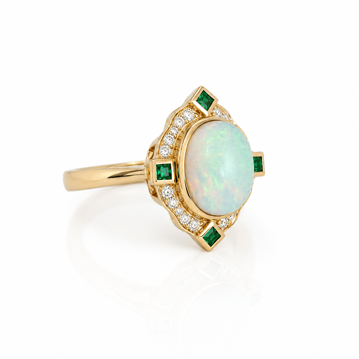 CLA RINGS Ethiopian Opal, Diamond & Emerald Halo Ring