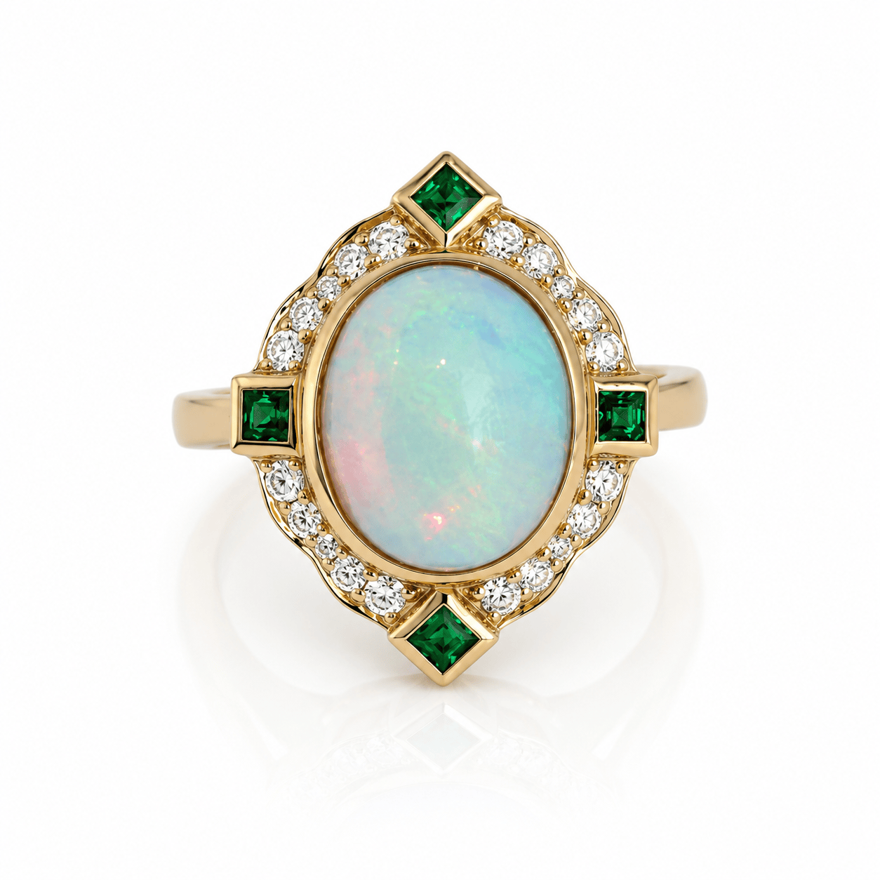 CLA RINGS Ethiopian Opal, Diamond & Emerald Halo Ring