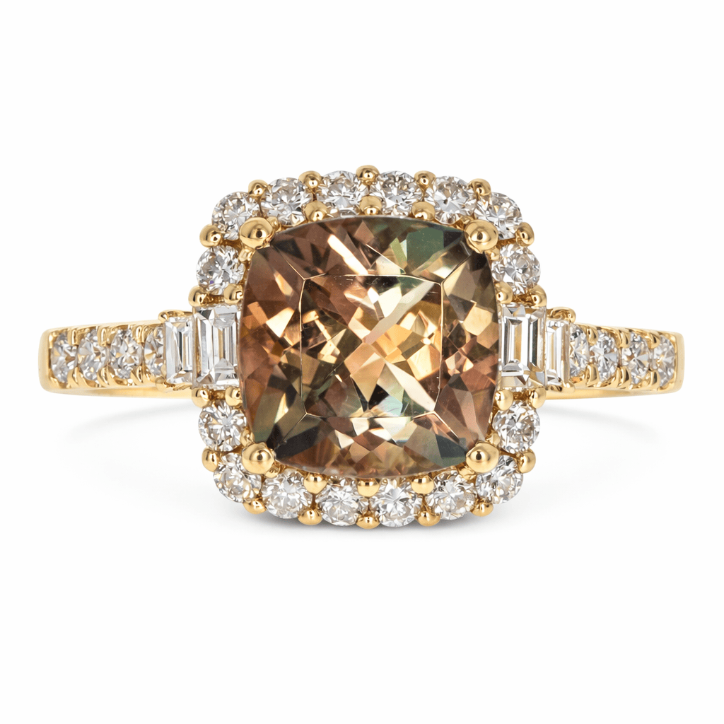 CLA RINGS Natural Sunstone Cushion Ring with Diamond Halo
