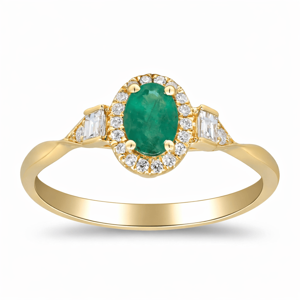Curated Los Angeles RINGS Oval Emerald and Diamond Halo Ring