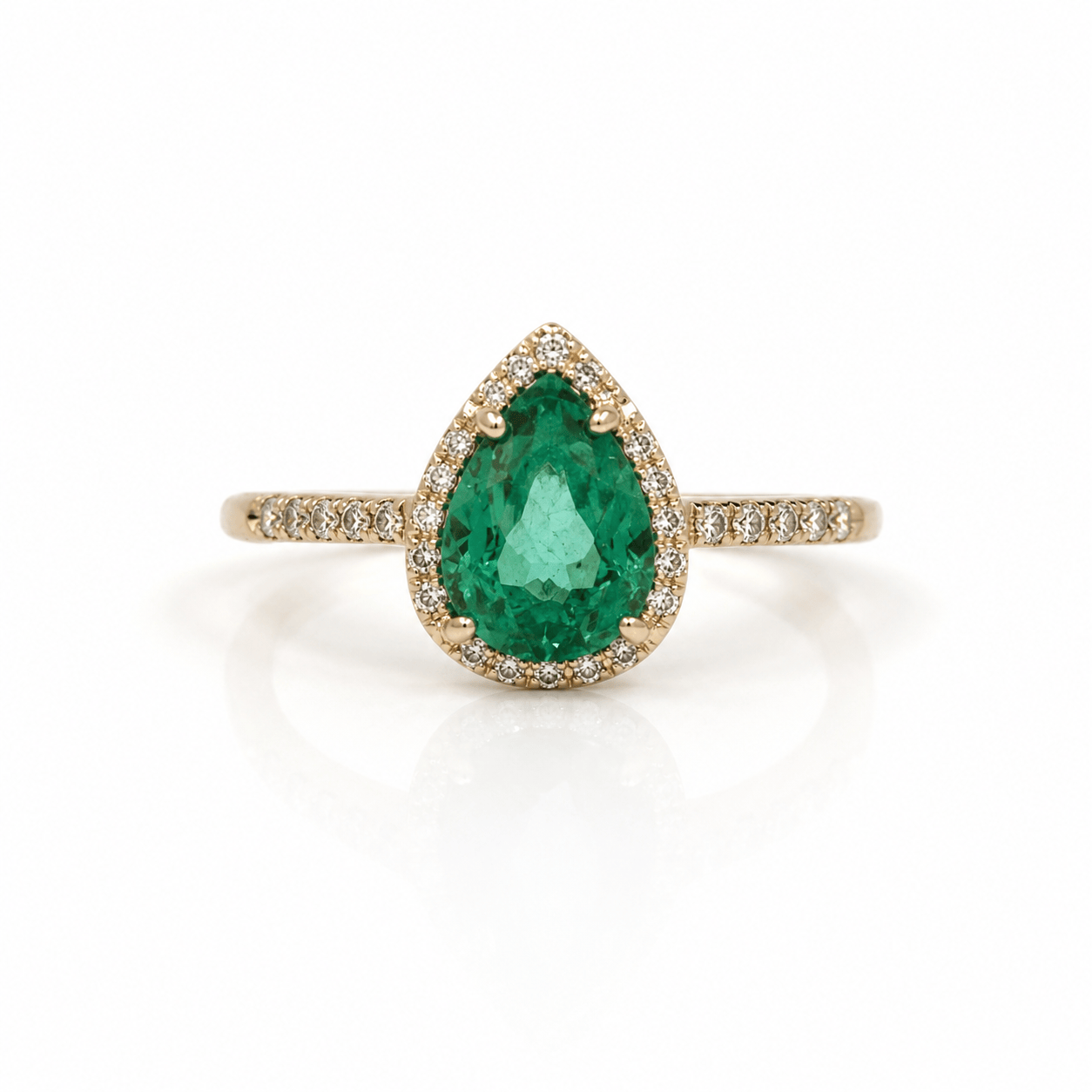SUNDAR RINGS Pear Emerald Diamond Halo Ring