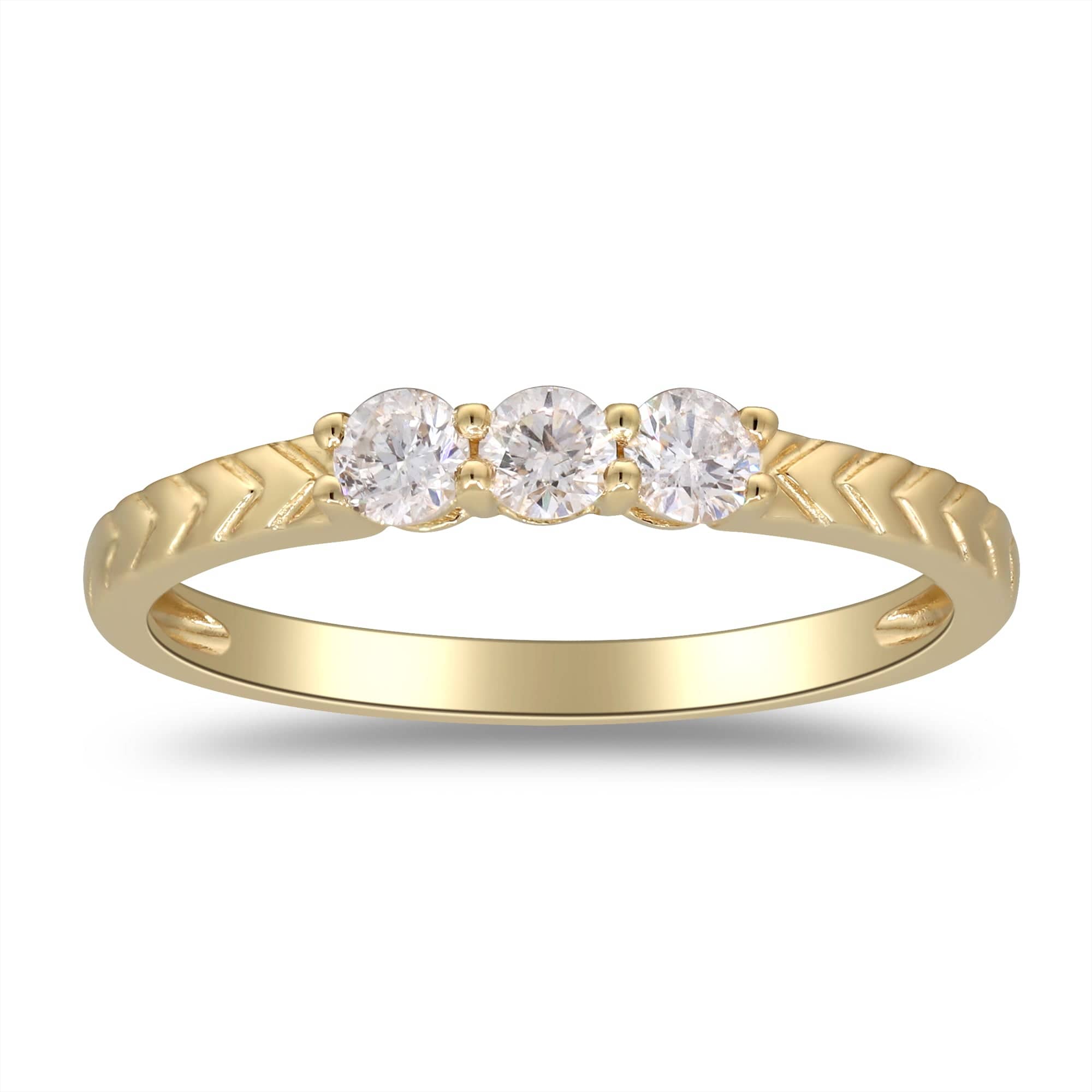 CLA RINGS Three Diamond Ring with Chevron Band in 14K Yellow Gold