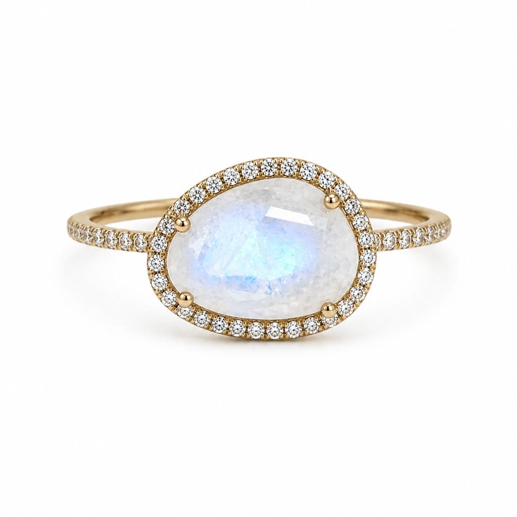 Curated Los Angeles Rosecut Moonstone and Pave Diamond Ring