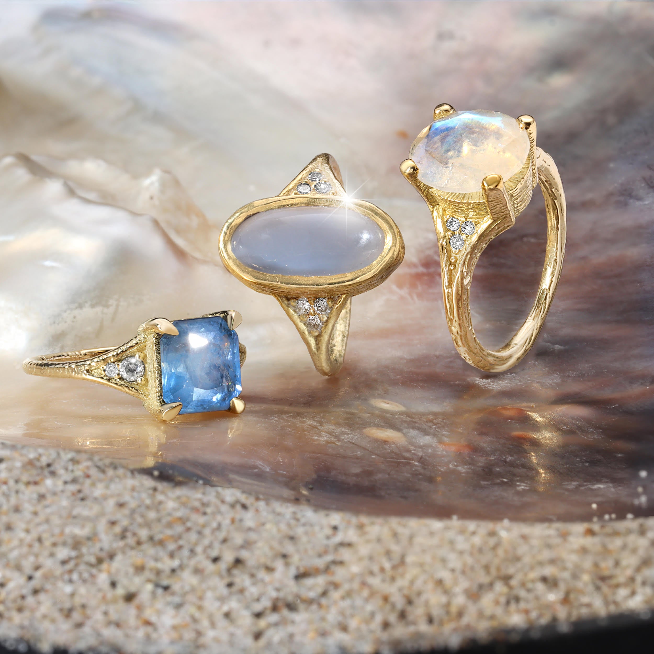 Moonstone and Diamond Venetian Ring