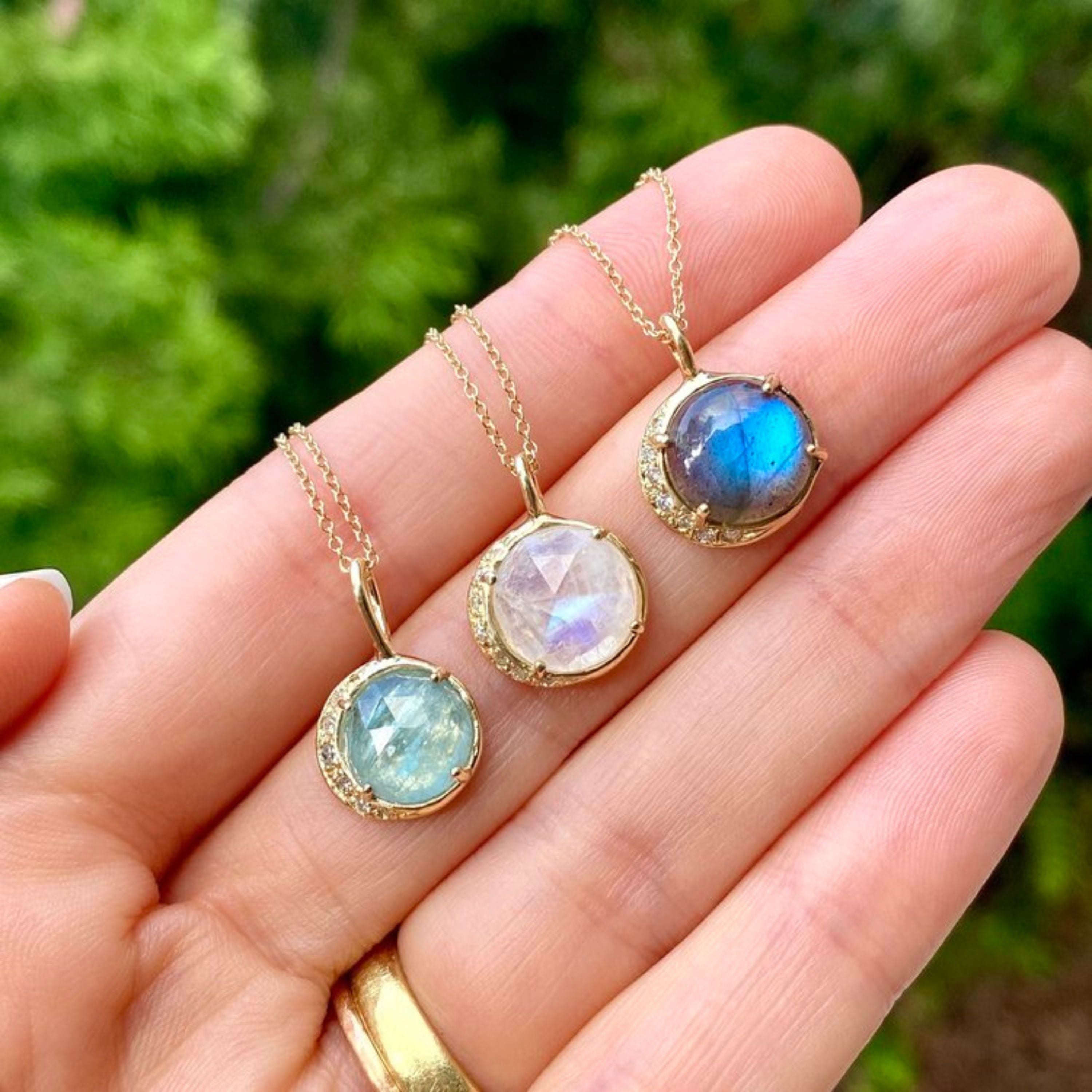 Diamond Full Moon Rainbow Moonstone Charm