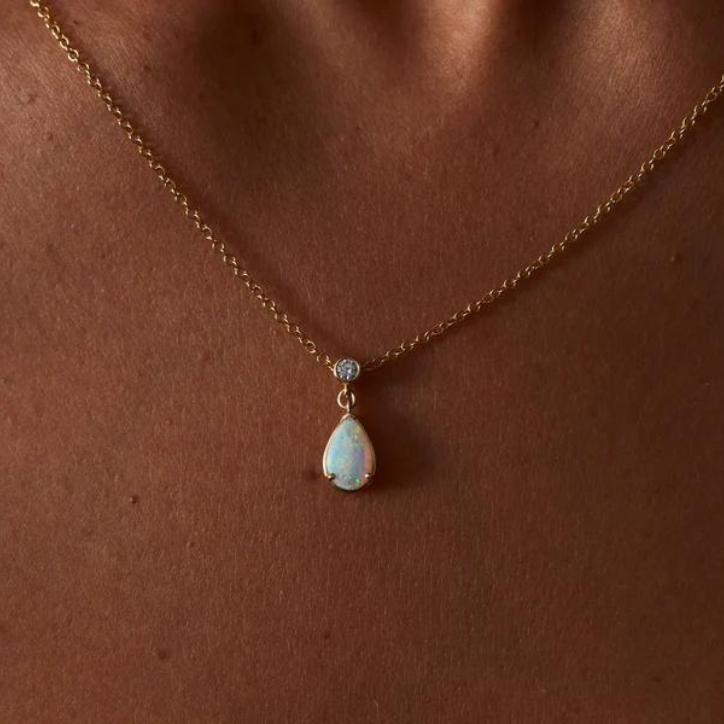 Water Drop Opal and Single Diamond Necklace