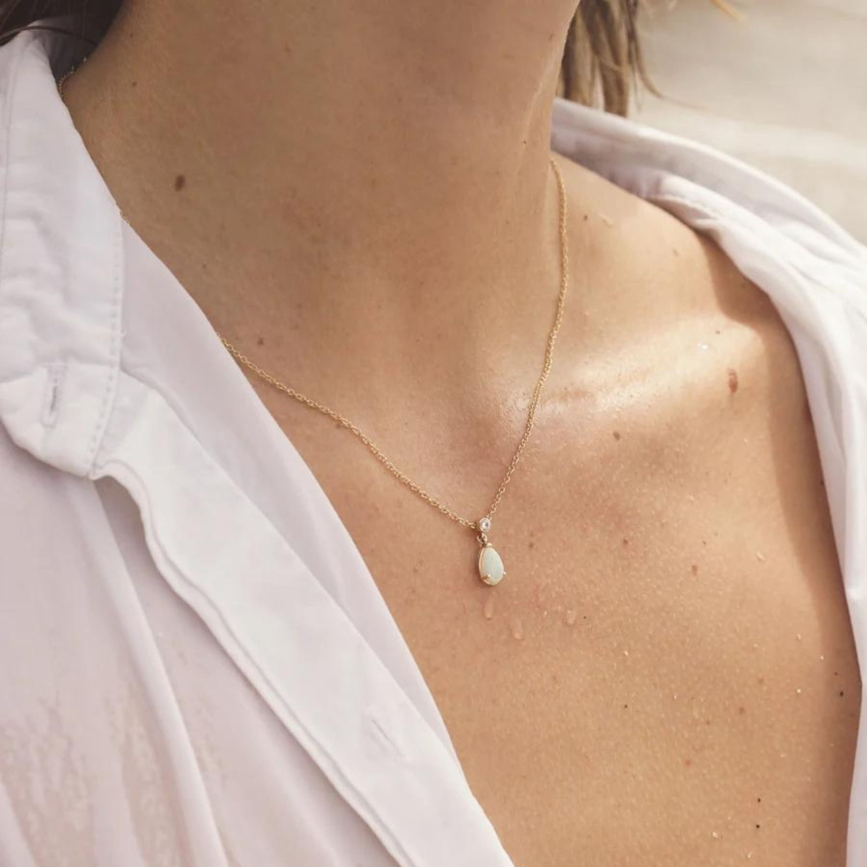 Water Drop Opal and Single Diamond Necklace