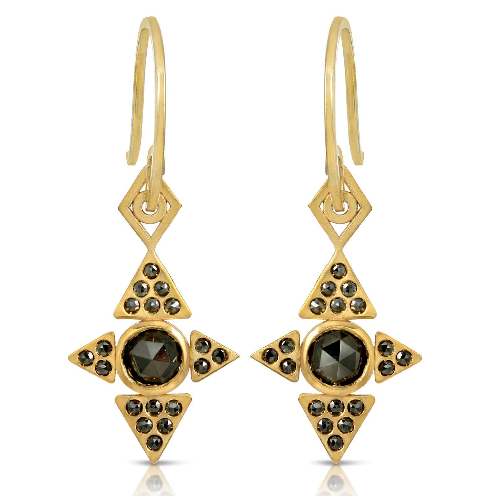 Black Diamond Four Pyramid Yellow Gold Dangle Earrings