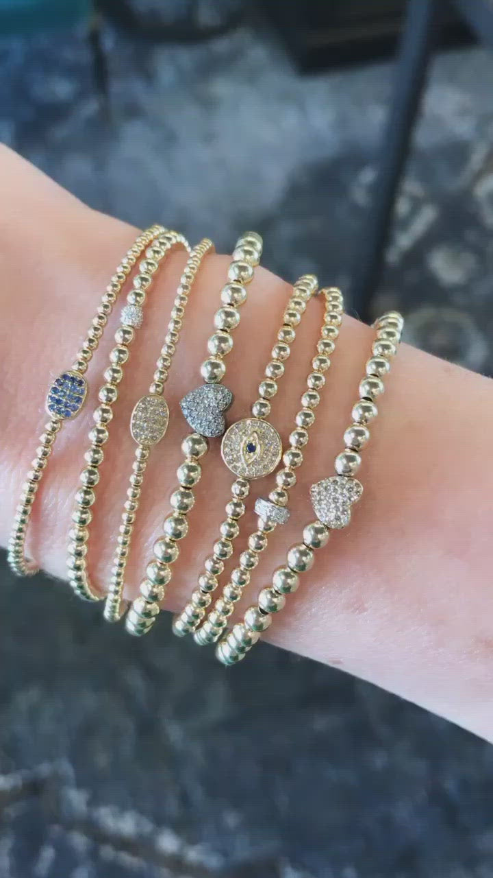 Diamond Heart 4mm Yellow Gold Beaded Bracelet