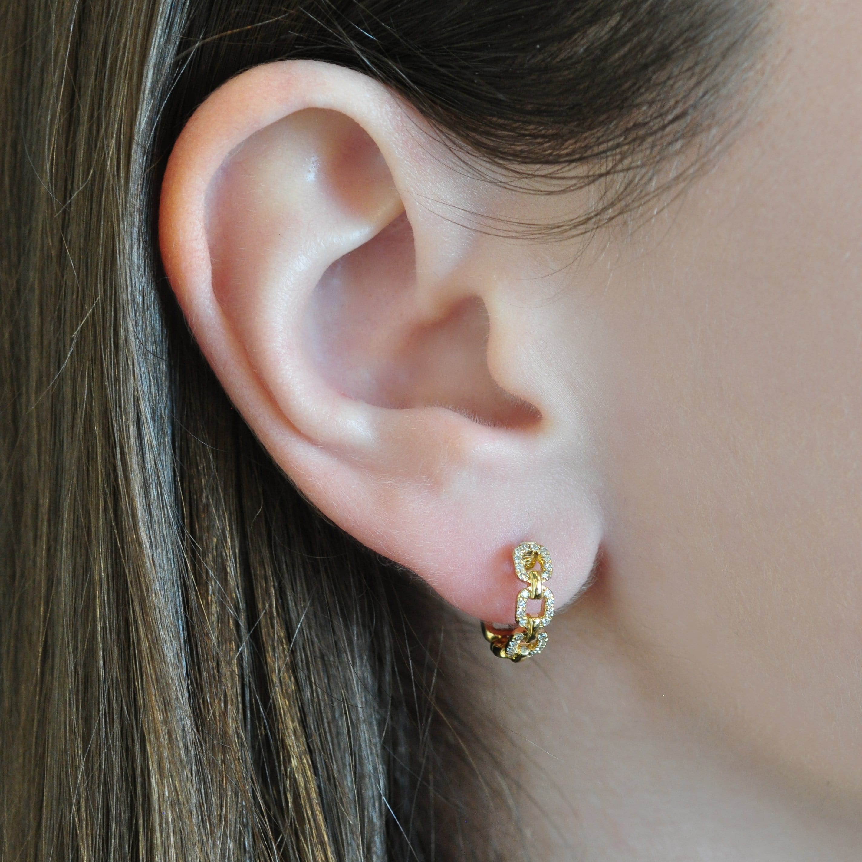 Diamond Pave Yellow Gold Chain Huggie Earrings