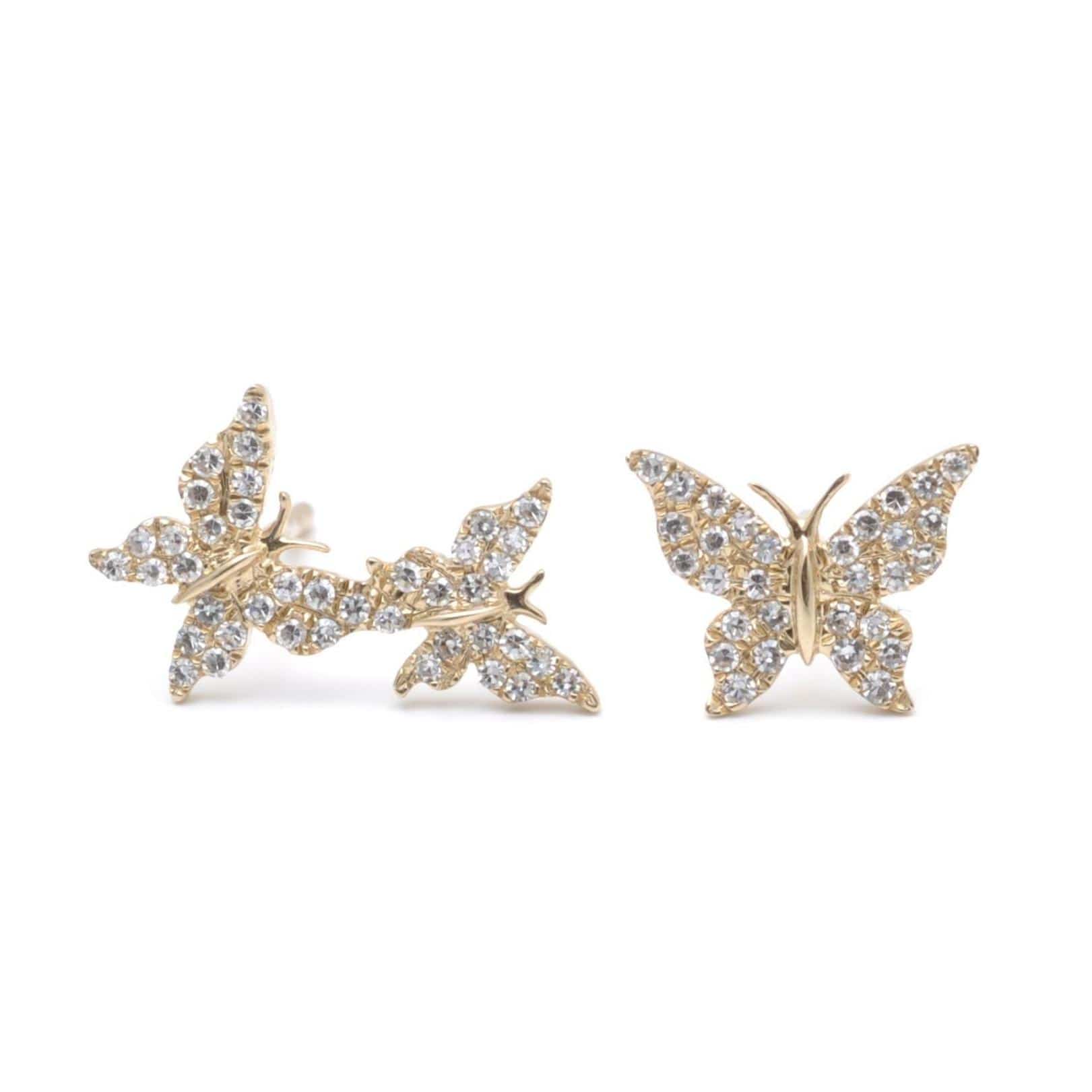 One and Two Diamond Pave Butterfly Gold Earrings